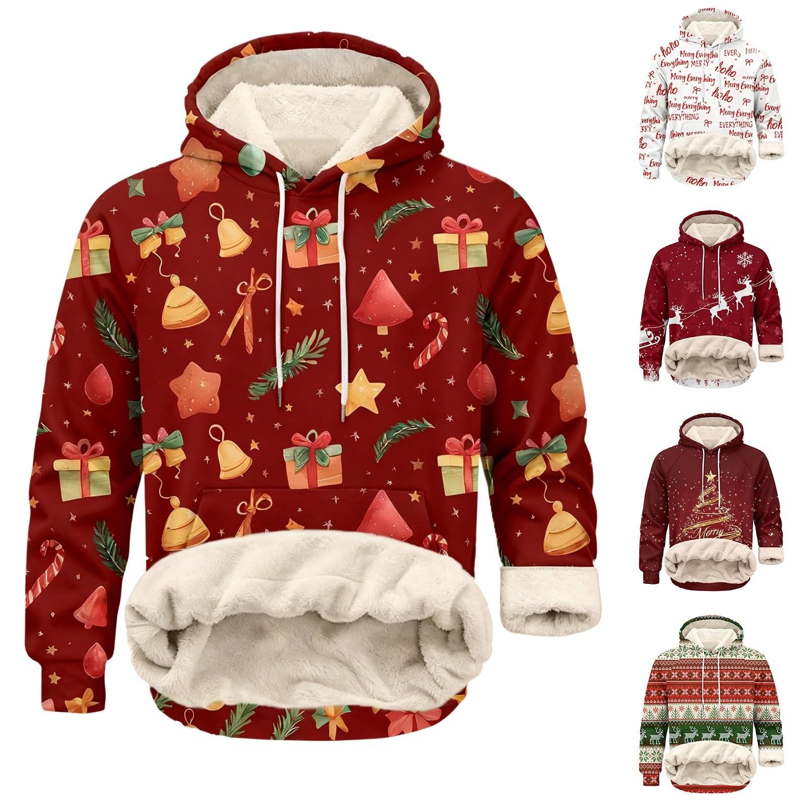 Sudaderas con capucha de Navidad forradas de forro polar para hombre divertidos renos árbol de Navidad sudaderas oversize de manga larga top cálido sherpa suéter novedad traje de Navidad ropa de