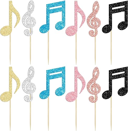 Miniatura 3 de Gyufise 24 piezas de notas musicales para cupcakes, símbolos musicales con purpurina, para música rock, concierto, tema, baby shower, boda, fiesta
