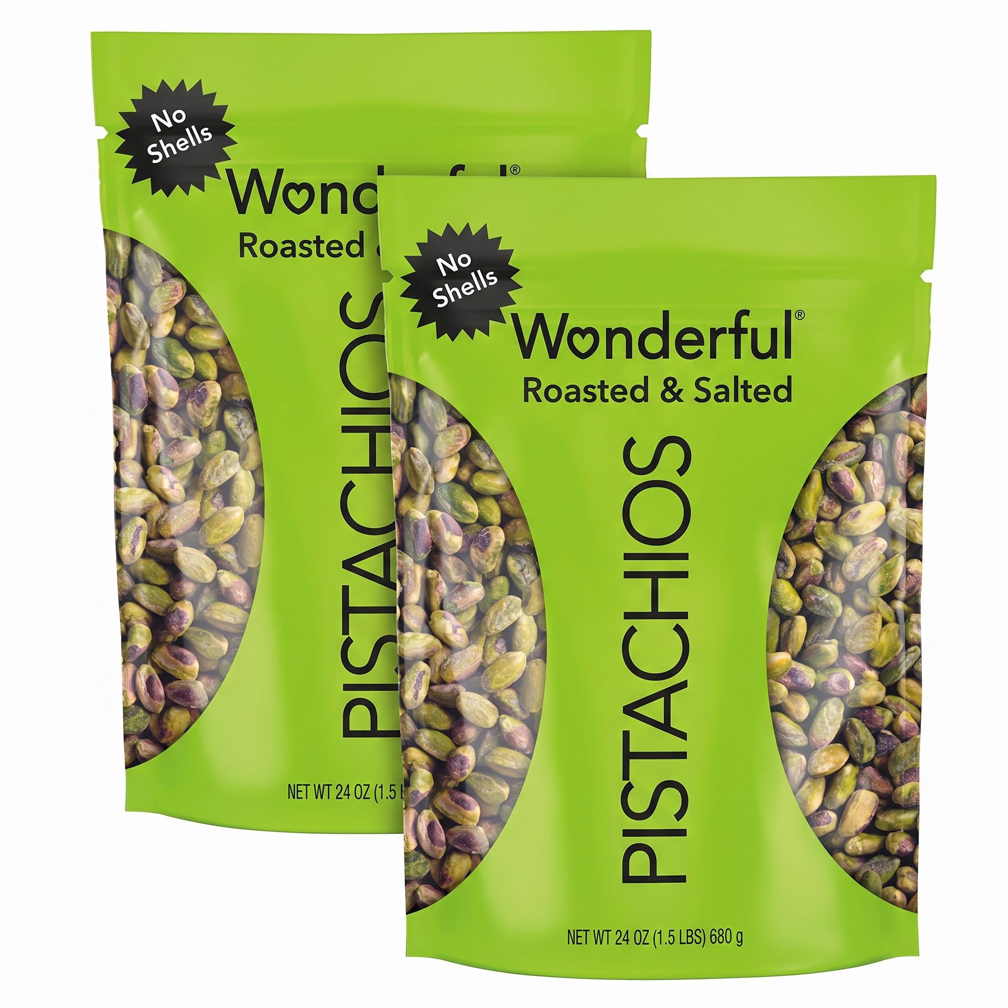 Wonderful Pistachios No Shells, Roasted & Salted Nuts, Resealable Bag, Protein Snacks, Gluten Free, Healthy Snack,24 Ounce (Pack of 2)