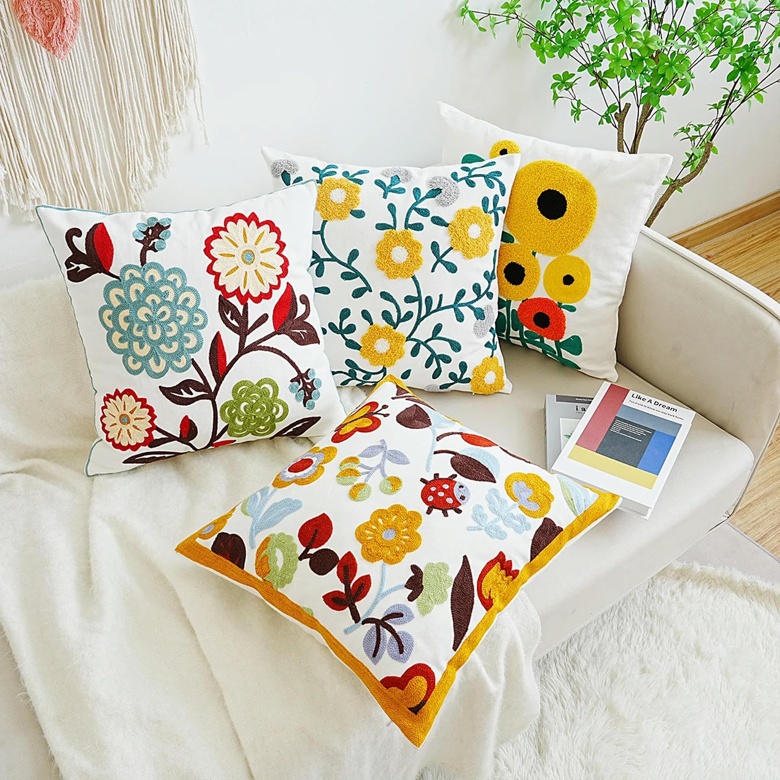 Amazon.co.jp: MANQILE フローラル刺繍クッションカバー 詰め物なし