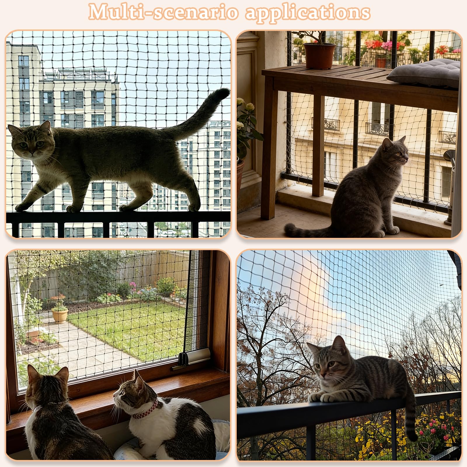 Katzennetz für Balkon, 8x3m Katzenschutznetz Schwarz mit Befestigungsseil und Zubehör, Balkonnetz für Katzen Katzenschutznetz für Escaliers, Fenêtres, Terrasses