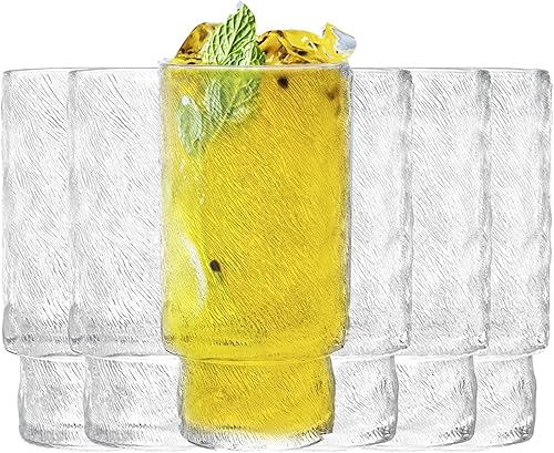 Frcctre Paquete de 6 vasos apilables para beber de 11 onzas, vasos románticos Highball de 11 onzas, vaso de vidrio vintage con estriado, vasos de
