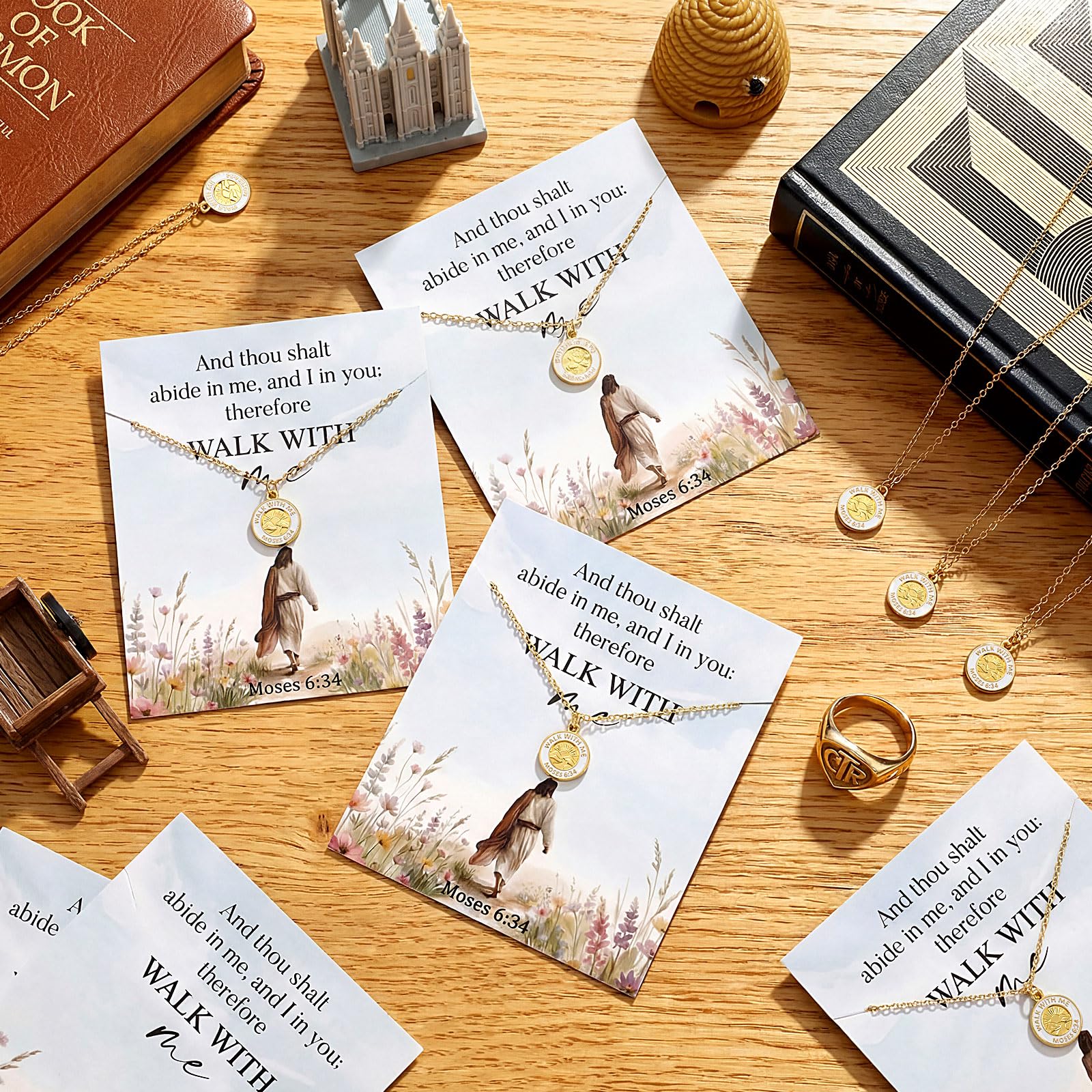 Sureio 24 Sets LDS Missionary Gifts Walk with Me 2026 Necklace with Scripture Cards Sister Missionary Necklace Mormon LDS Youth Theme Walk with Me Pendant Jewelry Christian Baptism Gifts for Women