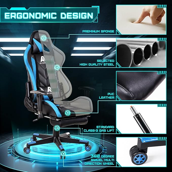 Gaming Chair High Back Ergonomic Computer Racing Chair Adjustable Office Chair with Footrest, Lumbar Support Swivel Chair - Upgraded Version BlackBlue