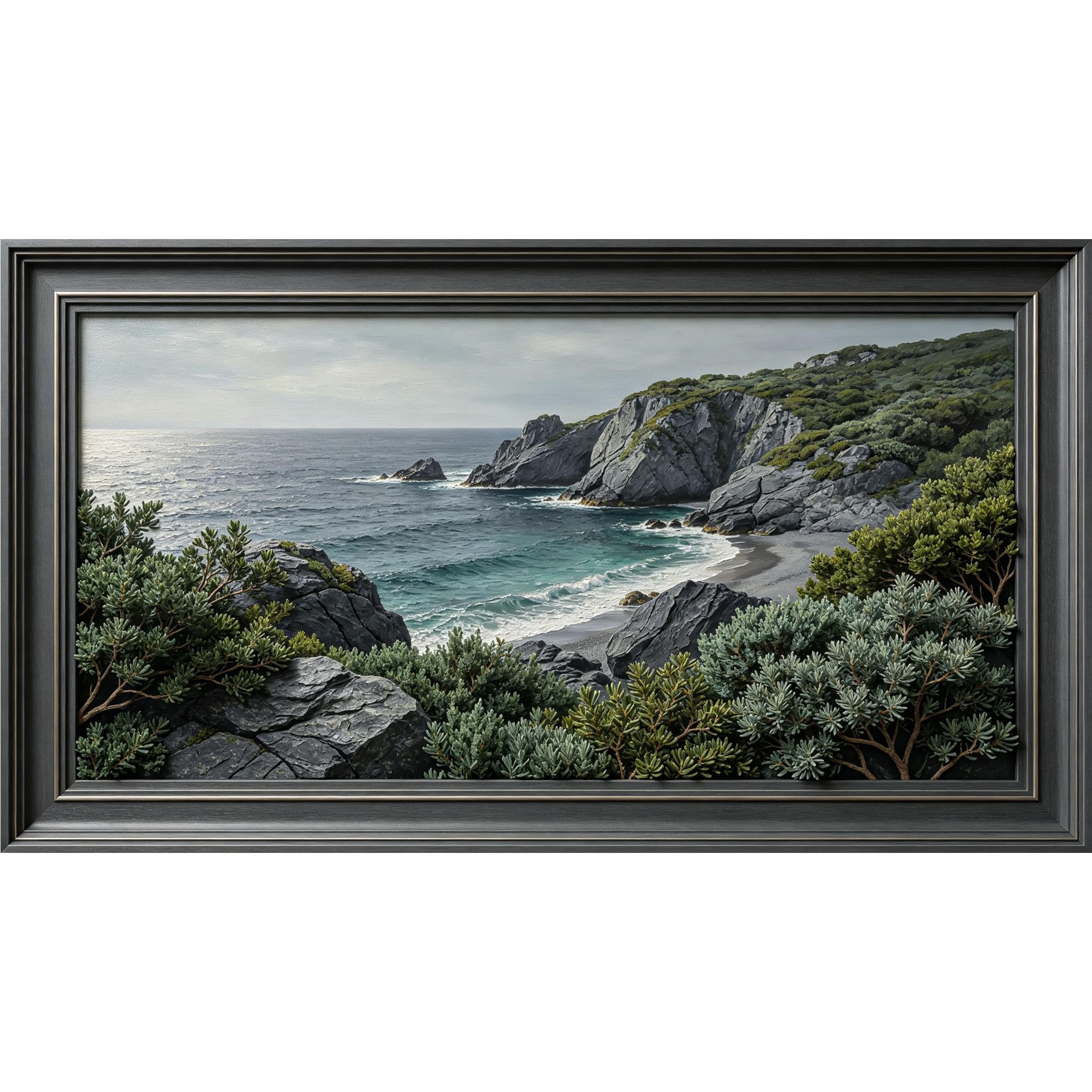 QZLITHOTIC 50×90cm3D Framed Wall Art， Coastal Rocky Cliff Landscape Botanical Ocean View SelfAdhesive Mural， WaterActivated Peel & Stick Fabric Decor Wall Decal for Bedroom Living Room