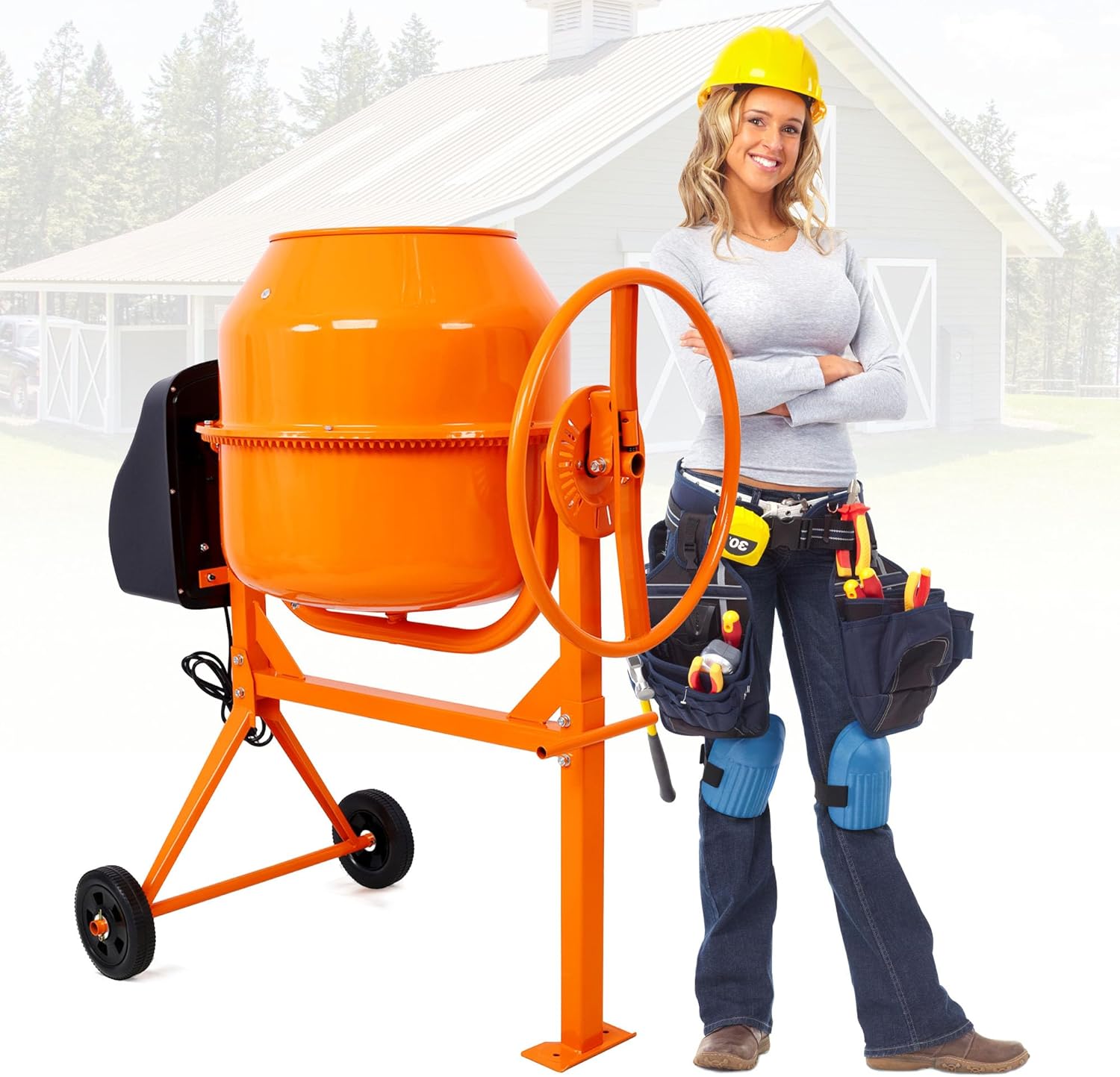 5.0 Cu. Ft Electric Cement Mixer, 650W 4/5 HP Portable Concrete Mixer with Wheels and Stand, Heavy Concrete Mud Mixer Tools, Adjustable Tilt for Mortar Stucco Seeds and Fodder, Orange