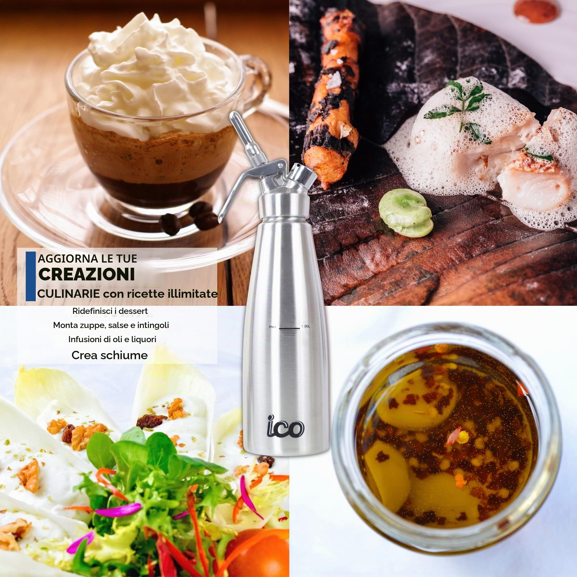 ICO 1L Sifone Panna Montata Professionale in Acciaio Inossidabile per Monta Panna Fatta in Casa, Sifone da Cucina per Dolci, Salse e Liquori Infusi, 1L