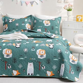 JSD Green Forest Animal Kids Quilt Set Twin Size