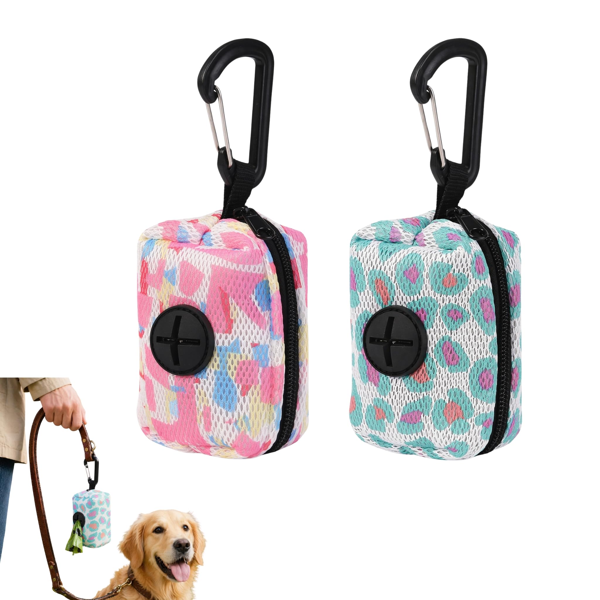 2Pcs Dog Poop Bag Holder, Zipper Portable Poo Bags Dispenser (Pink, Blue)