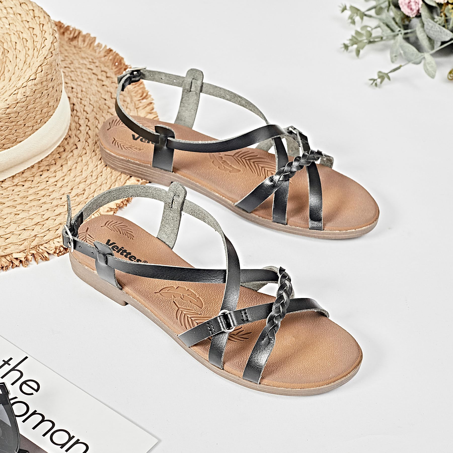 Veittes Sandali piatti scorrevoli da donna - Sandali piatti intrecciati casual da donna Scarpe estive.