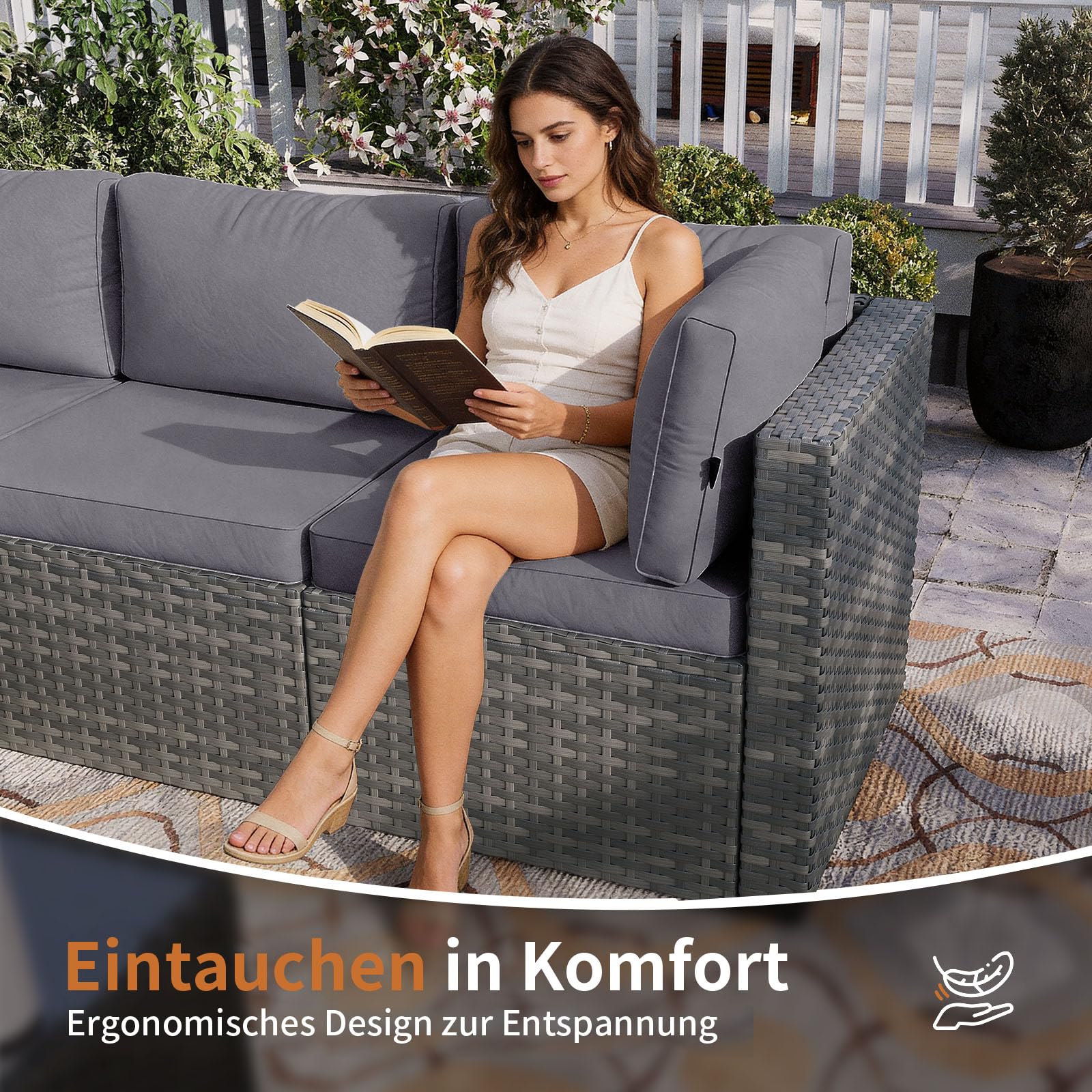 Aoxun Gartenmöbel Set Polyrattan 3-teilig mit 7,5cm dicken Kissen & Glas-Couchtisch, wetterfeste Gartenlounge Outdoor mit extra Langer 196cm Sitzbank, Stabiler Balkon Terrassen Außenmöbel Satz (Grau)