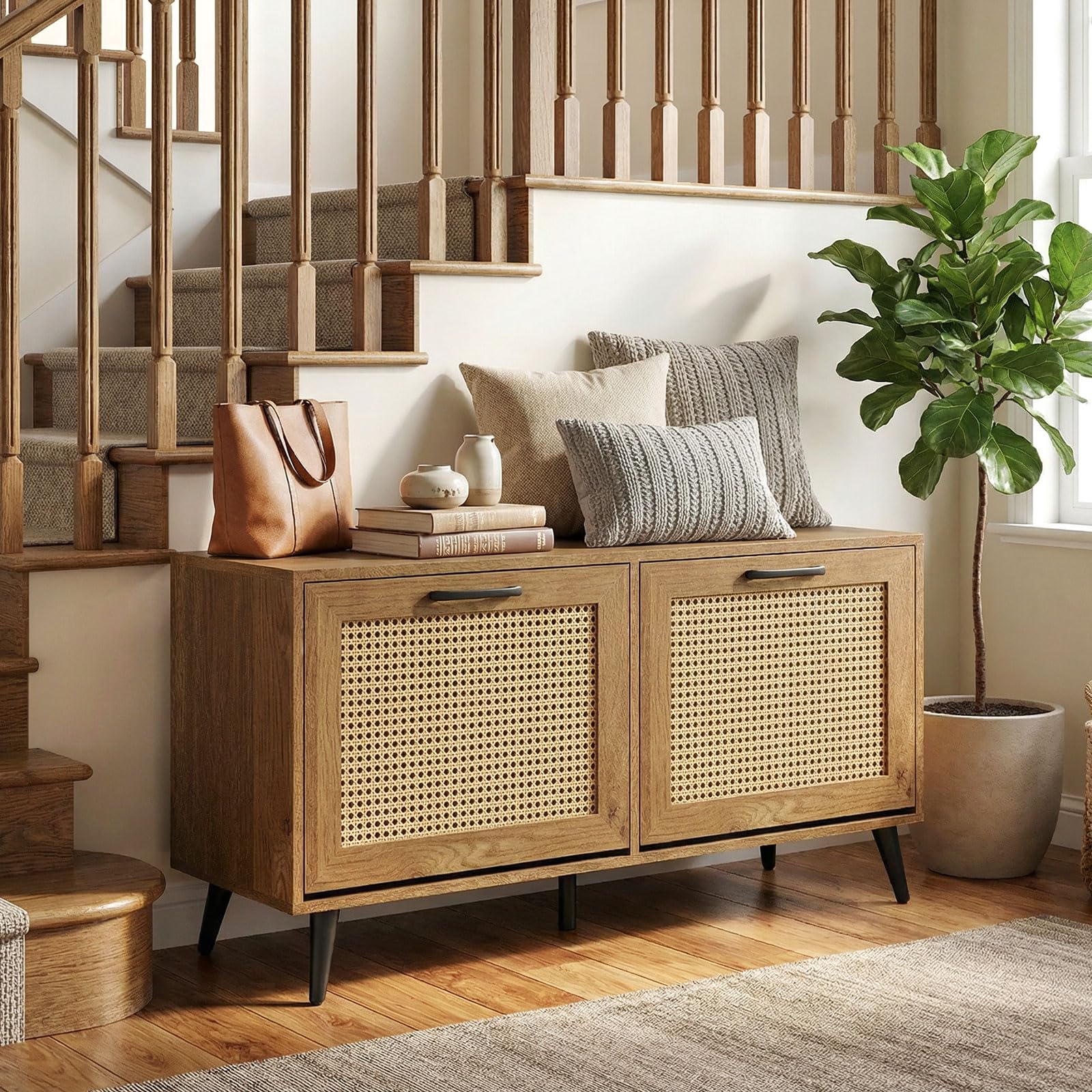 COSTWAY Armario Zapatero, Mueble Zapatero de Ratán con 2 Cajones Abatibles, Superficie Amplia, Estantes Ajustables y Patas de Metal, Entrada Pasillo Recibidor, 100 x 30 x 53 cm