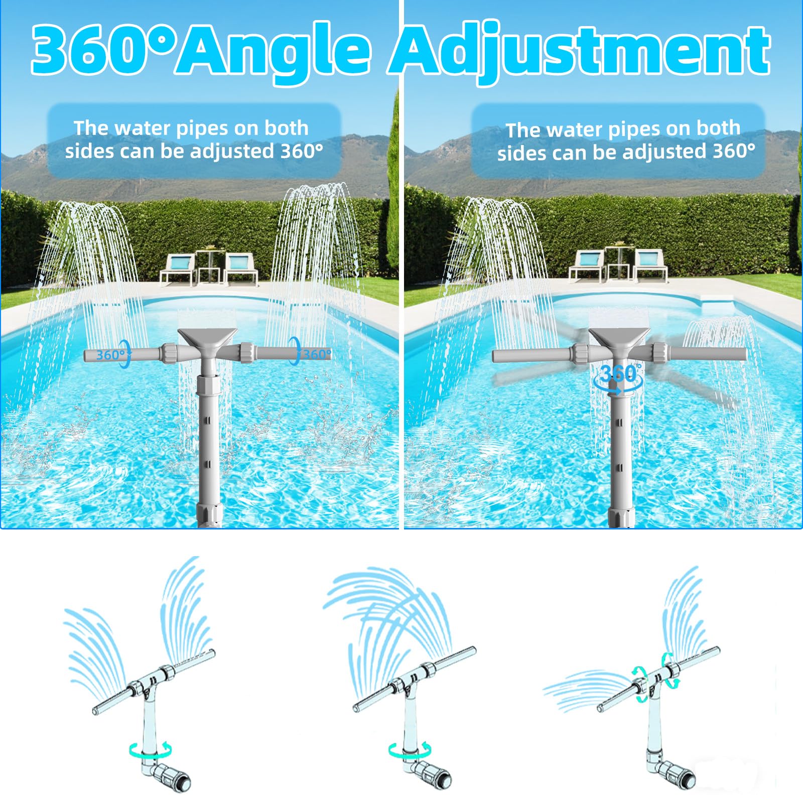 3 in 1 Pools Wasserfall Für Aufstellpools,360° Verstellbarer Dual-Mode-Wasserfall-Poolsprinklerbrunnen, Druck- und höhenverstellbares Poolzubehör für Bodenpools
