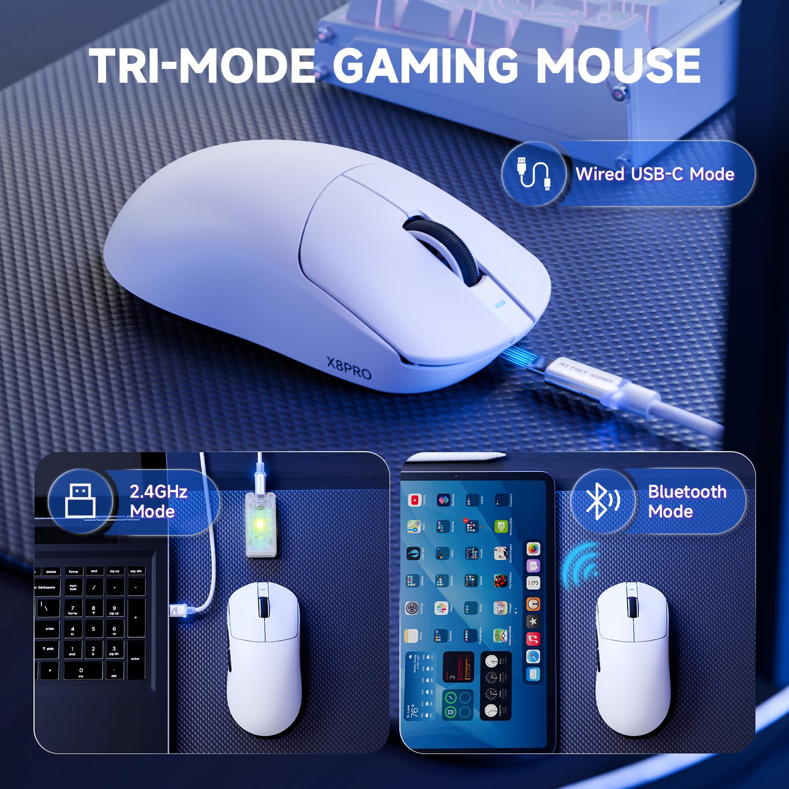 ATTACK SHARK X8PRO Mouse da gioco wireless ultraleggero 55g con cavo a spirale per mani medie/grandi, frequenza di polling 8K, 2.4G/cablato/BT, 500mAH, 40000DPI, sensore ottico PAW3395 - Bianco