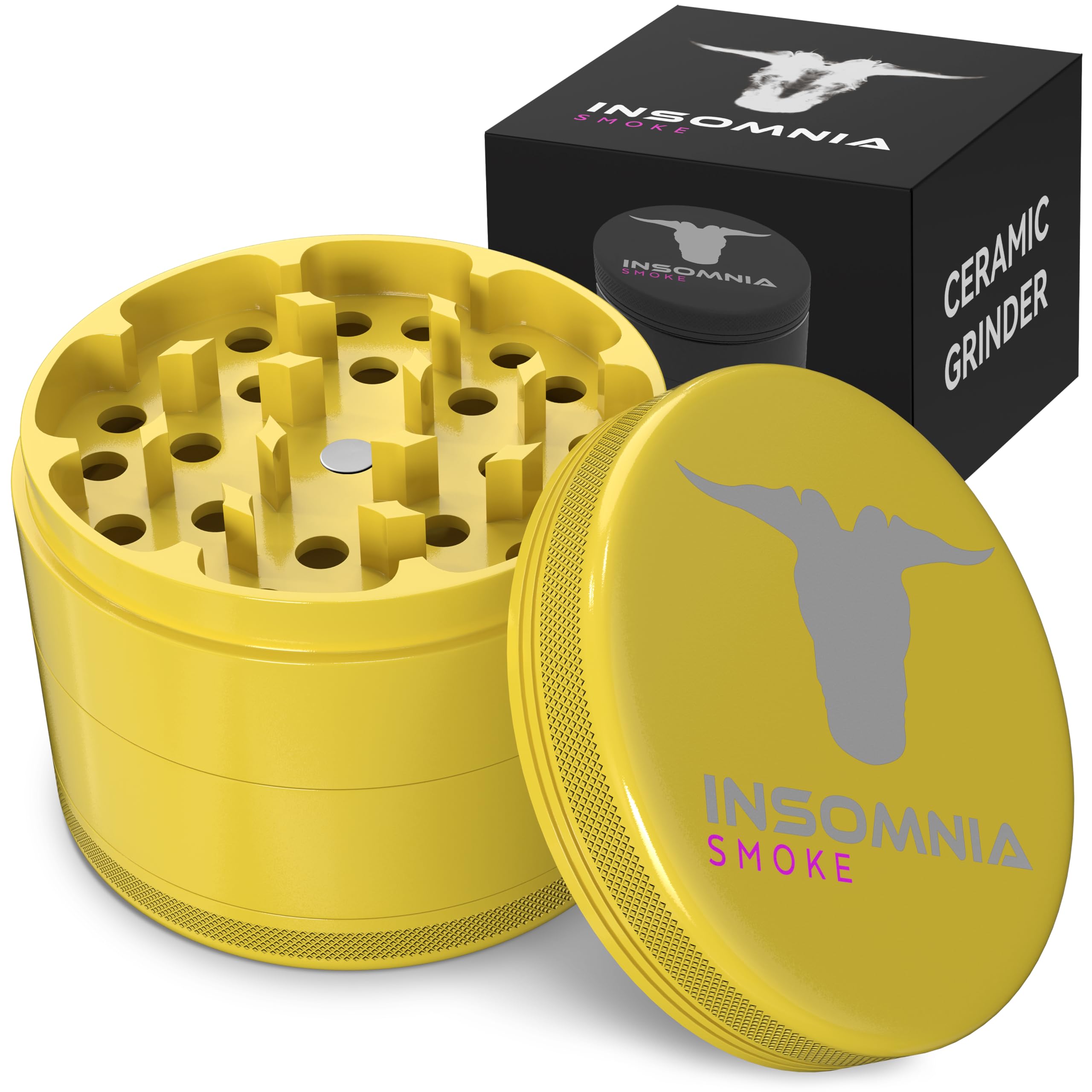 Insomnia Smoke Herb Grinder | Premium 4 Piece Aluminium Metal Grinder with Pollen Catcher, Strong Magnetic Lid, Razor Sharp 28 Teeth, Non-Sticky & Easy to Clean with Ceramic Coating (Yellow)