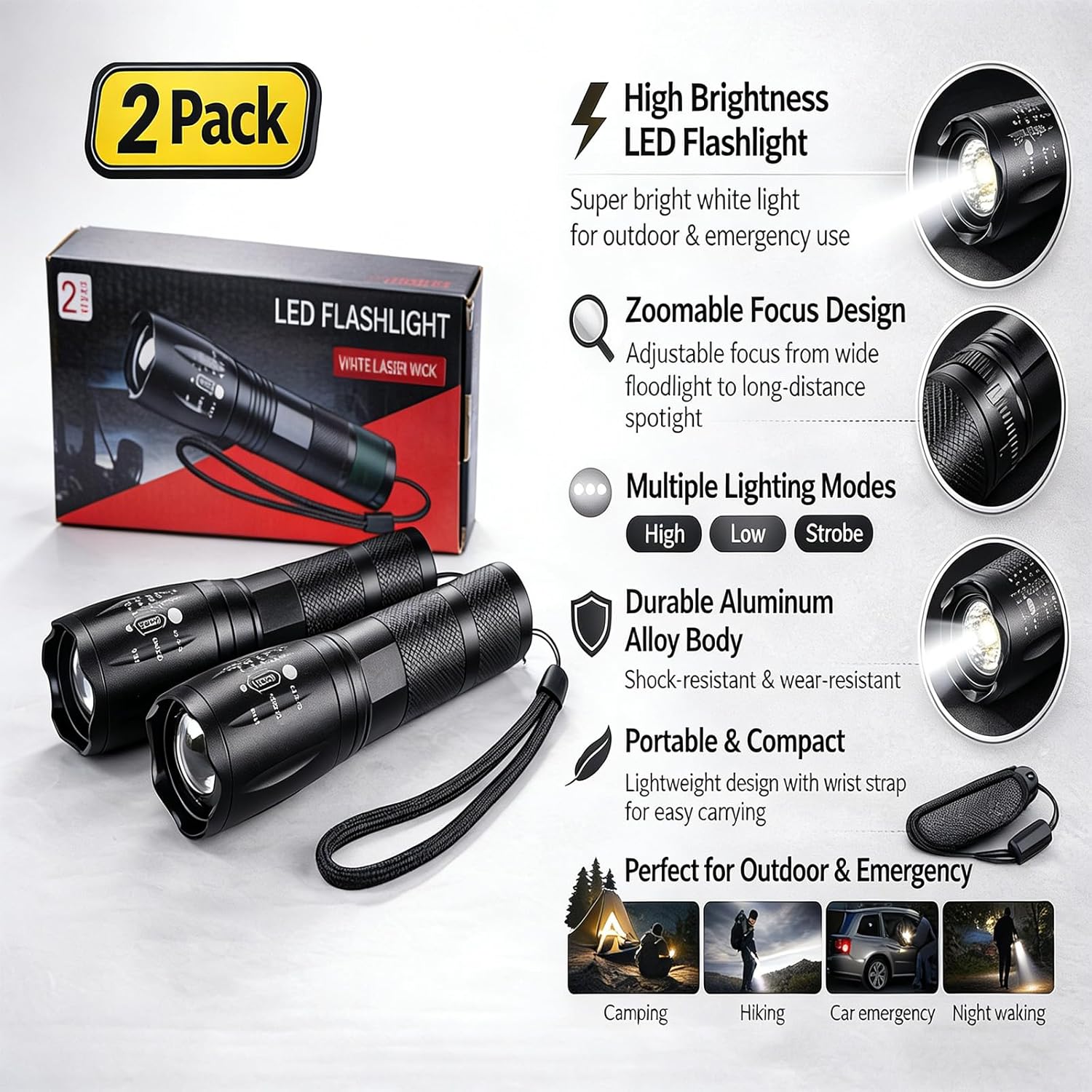 2 Pack LED Handheld Flashlight Set Adjustable Focus, IP67 Water Resistant, Super Bright Flashlights for Camping, Emergency, Hiking, Gift