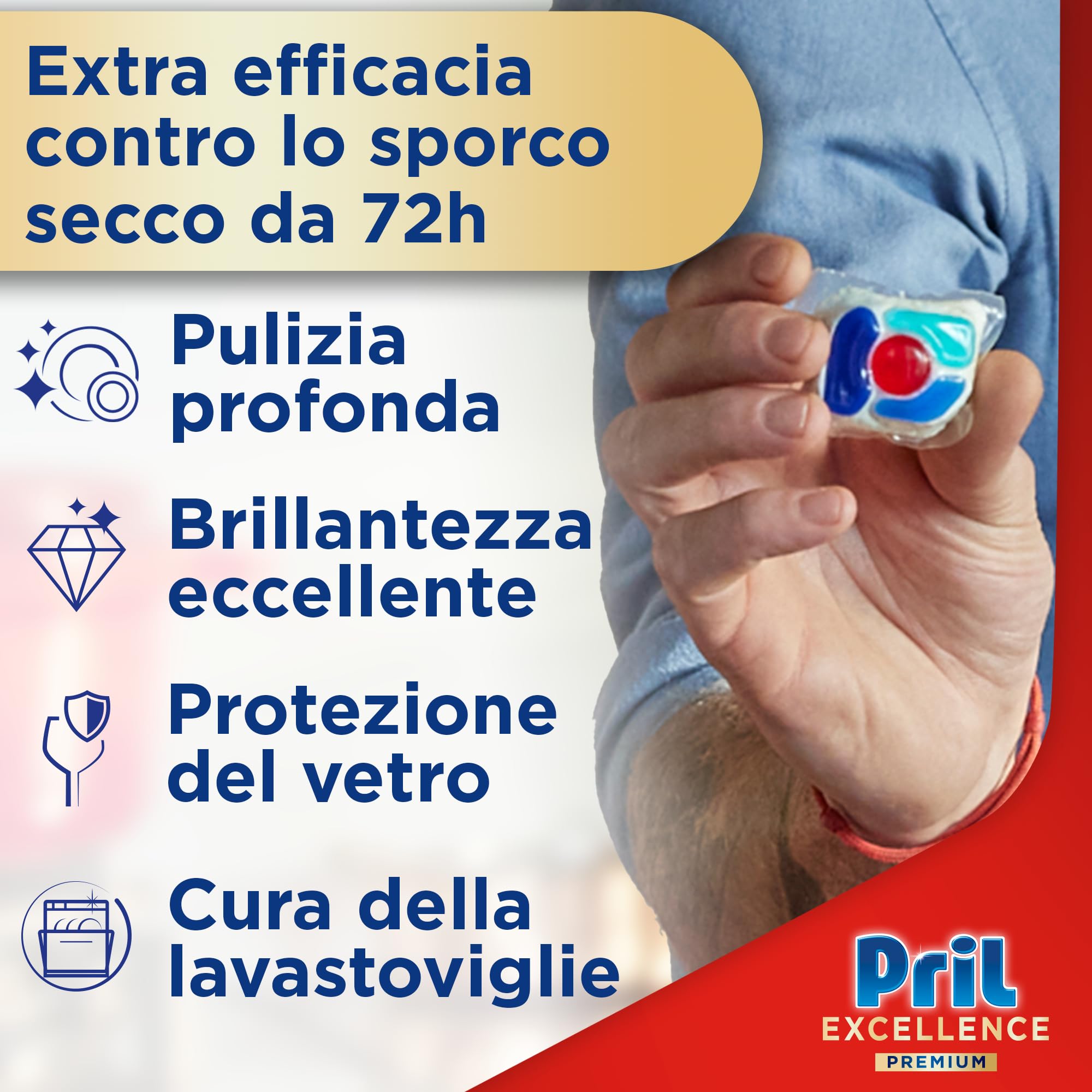 Pril Excellence Premium 5in1 Spülmaschinentabs (16 Kaps), Geschirrspülmittel gegen hartnäckigen und trockenen Schmutz, ab 72 Stunden, Spülmaschinentabs, wirksam auch bei kurzen Zyklen und Eco
