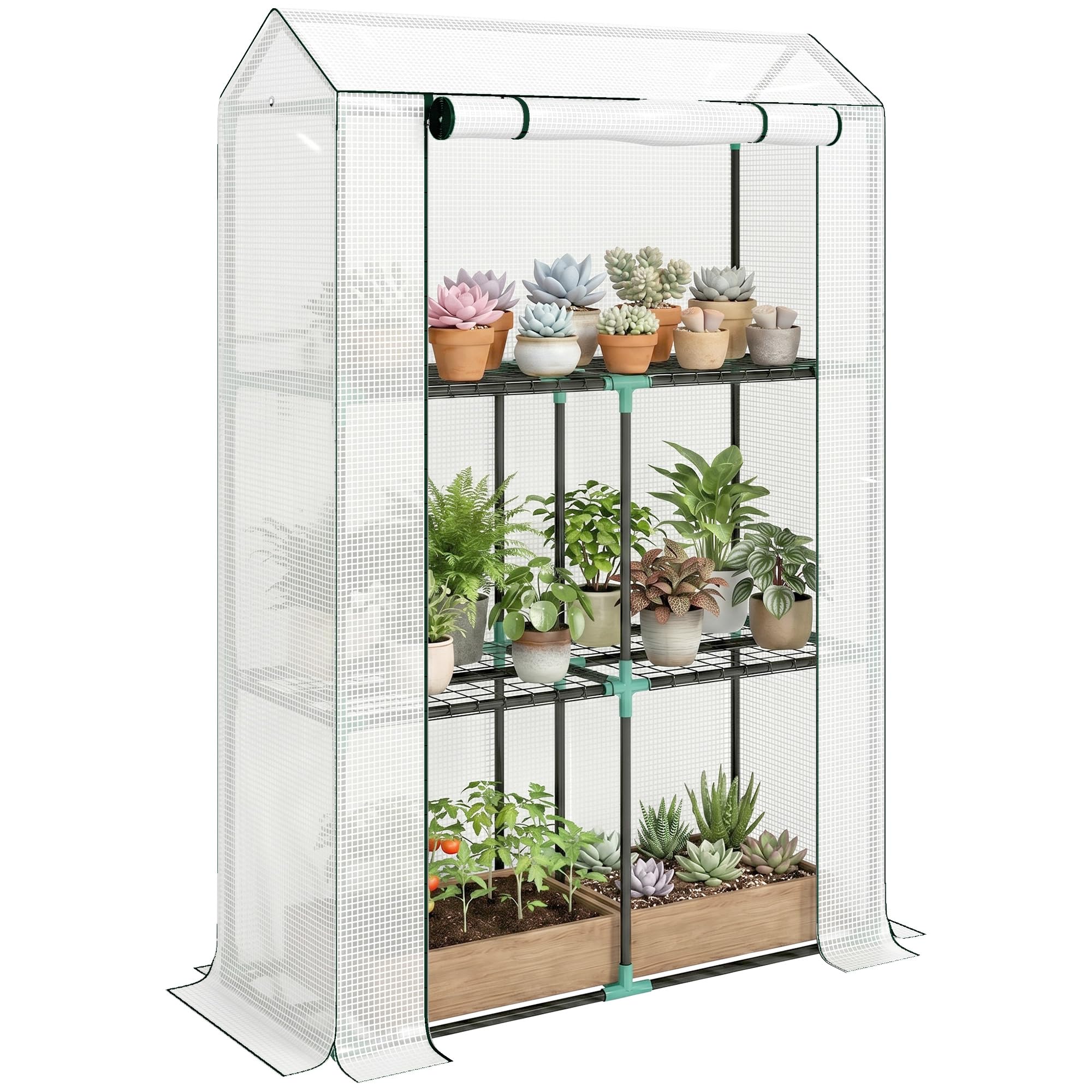 Outsunny 3 Tier Mini Greenhouse with PE Cover - White