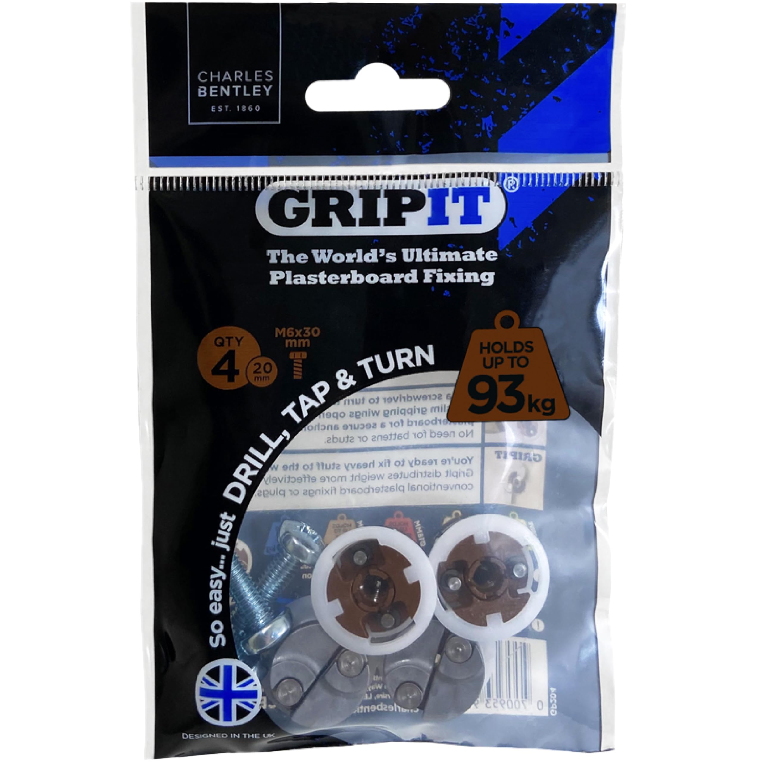 Gripit Brown 20Mm Plasterboard Fixings For Stud Walls - Max Load 93Kg (4 Pack) 700953975737