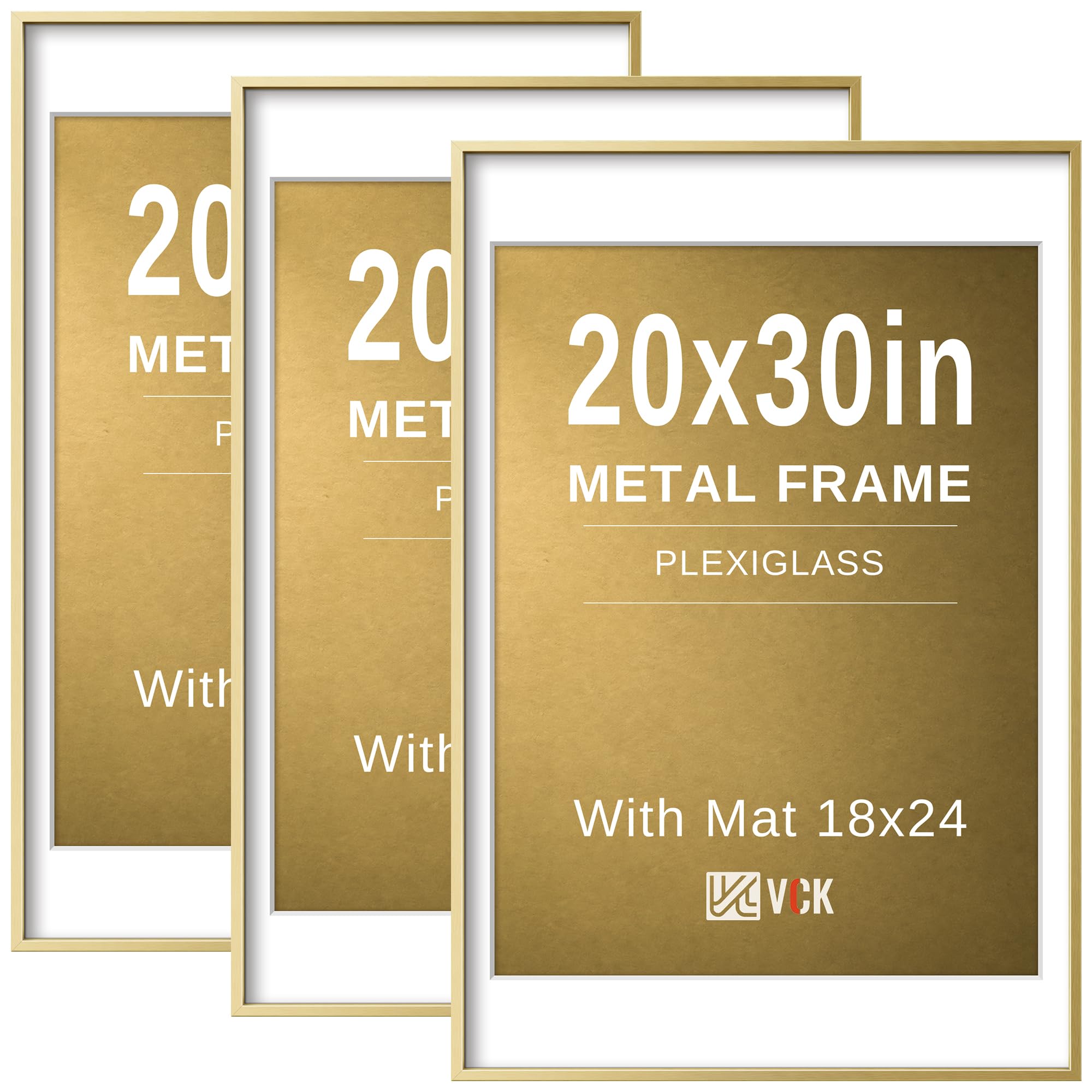 VCK 20x30 Frame, Gold Metal - Matted to 18x24, 3 Pack, for Large Poster