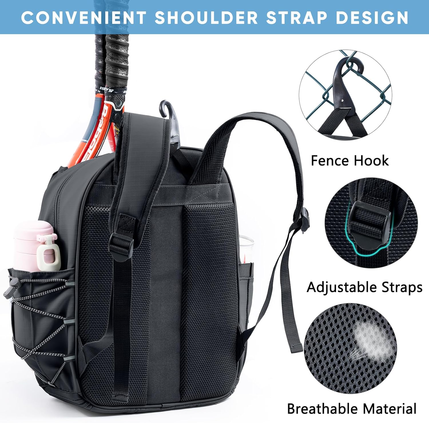Tennis Backpack with 2 Rackets Holder, Water-Resistant PU Leather Tennis Racket Bag for Women & Men, Sling Crossbody Sports Backpack for Tennis, Pickleball & Badminton, Tennis Gifts - Image 6