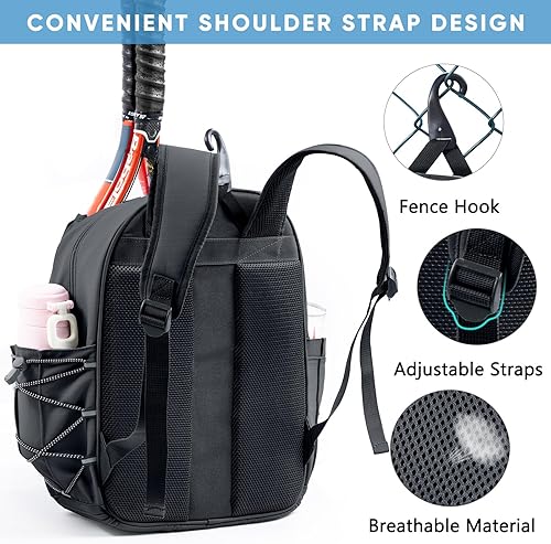 Miniatura 6 de Mochila de tenis con 2 soportes para raquetas, bolsa de raqueta de tenis de piel sintética resistente al agua para mujeres y hombres, mochila