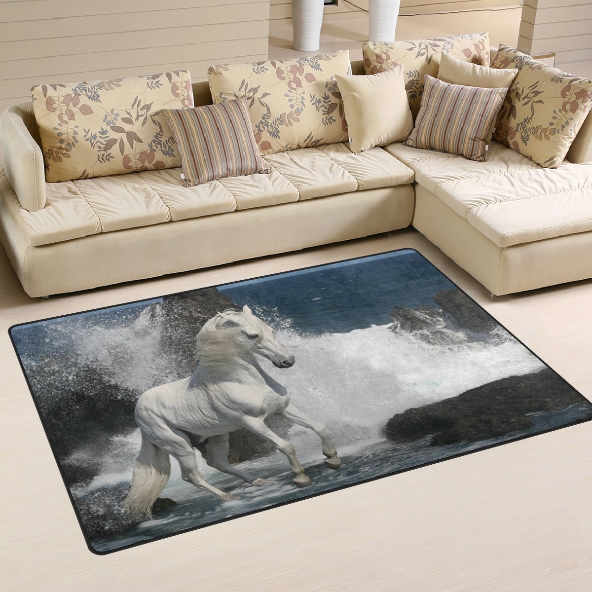 COOSUN Alfombra antideslizante de caballo blanco en las olas para salón, dormitorio, 78,7 x 50,8 cm (31 x 20 pulgadas)