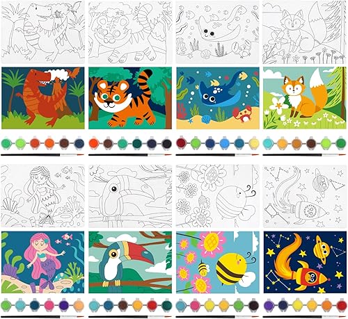 Miniatura 3 de 8 paquetes de lienzos predibujados para pintar niños, lienzo para niños, kits de pintura para niños de 4 a 8, 48 pinturas, 8 pinceles, 2 caballetes,