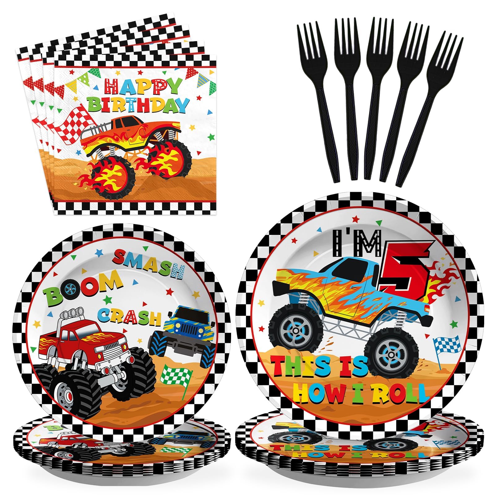 96Pcs Truck 5th Birthday Supplies Truck Theme Plates and Napkins Tableware Sets Racing Car Birthday Party Decorations for Kids Boys Car 5 Year Old