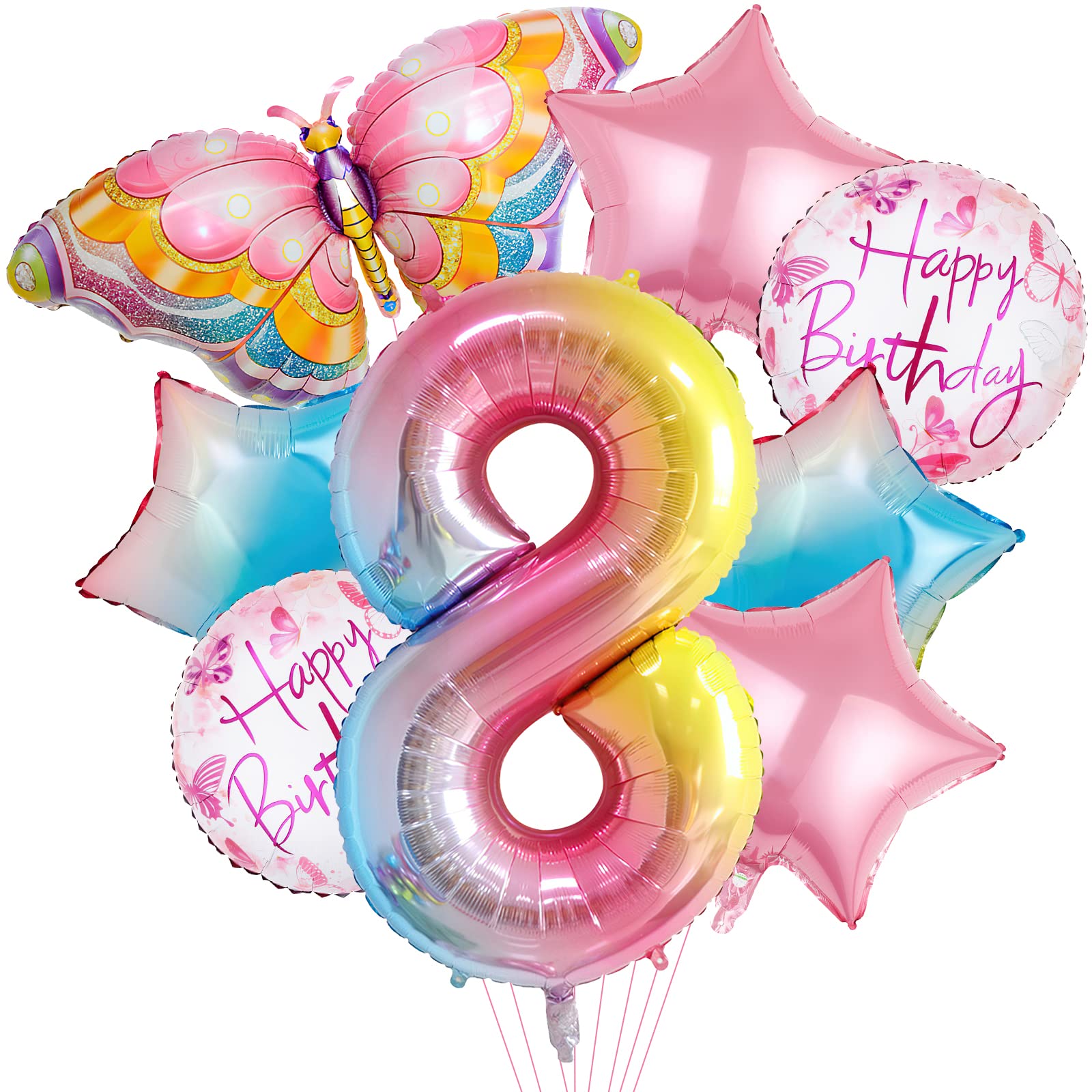 8pcs 40 Inch Gradient Butterfly Balloons - Large Mylar Foil Balloons For Birthday & Wedding Decor