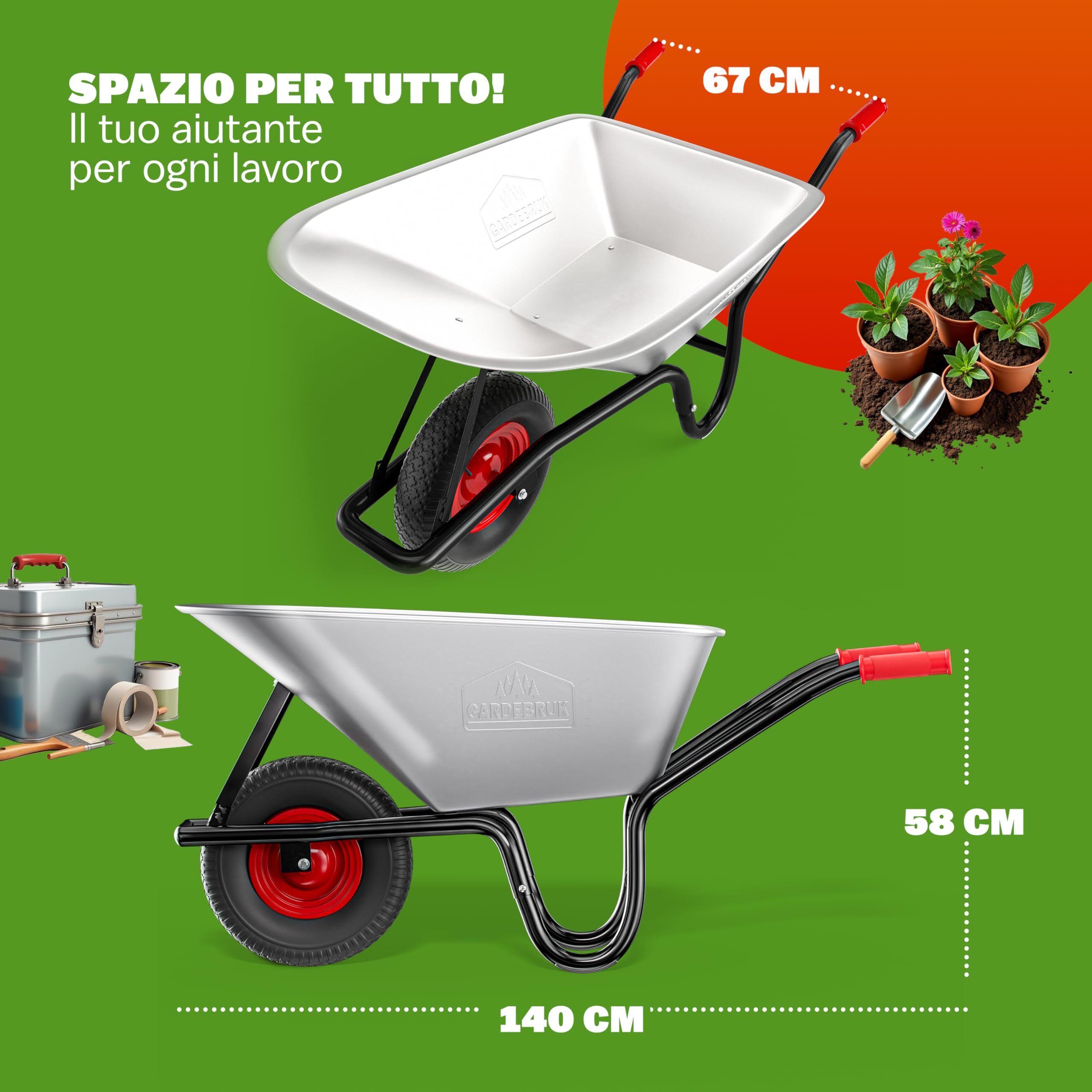 Gardebruk Carriola da Giardino 100 Litri 250kg Acciaio Zincato Manici Gommati Ergonomici Carriole per Fiori Carriola da Costruzione Trasporto Legna