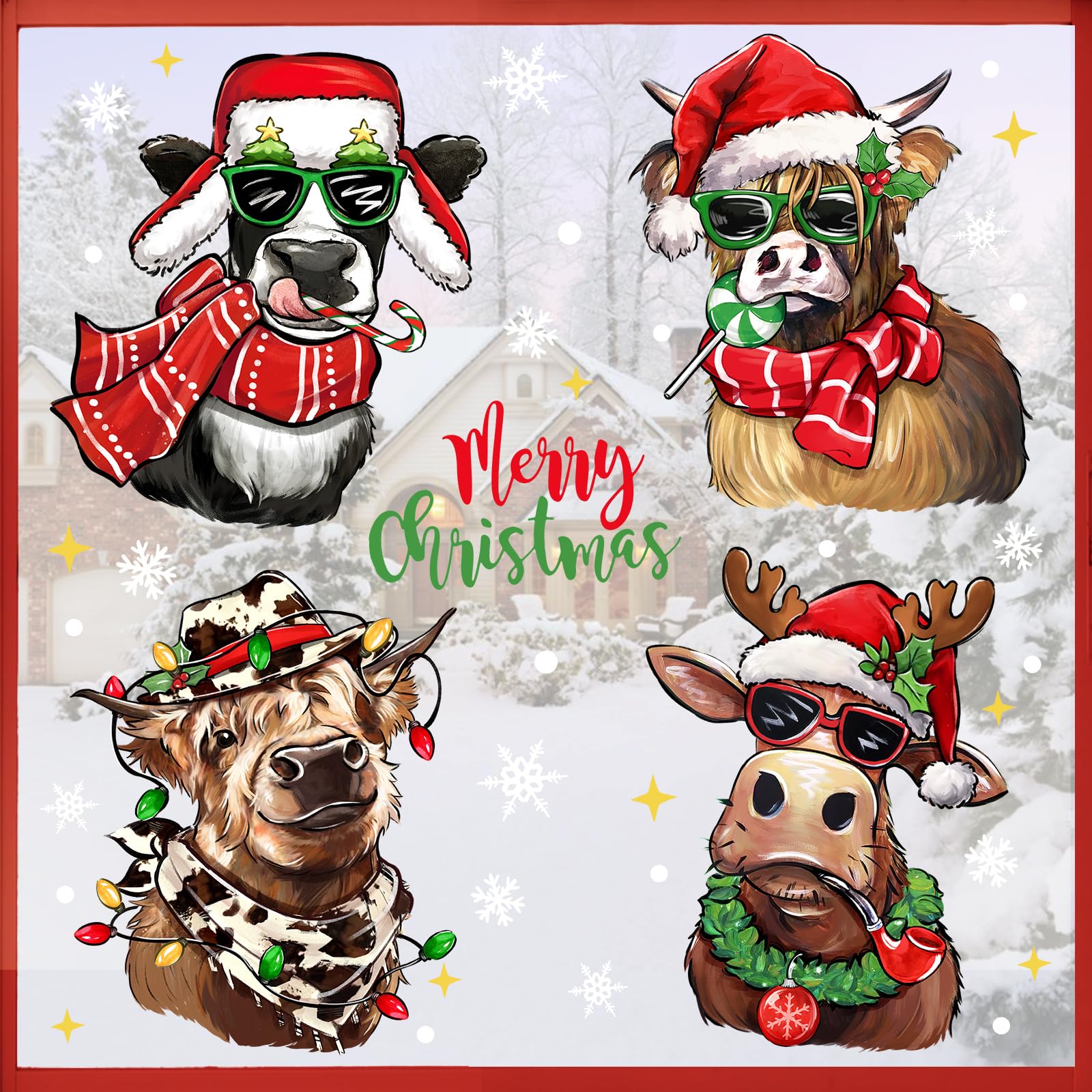 Mfault Merry Christmas Highland Cow Window Clings 4 Sheets, Xmas Holiday Farm Animals Stickers Decals Decorations, Farmhouse Cowboy Winter New Year 2025 Rustic Home Kitchen Decor