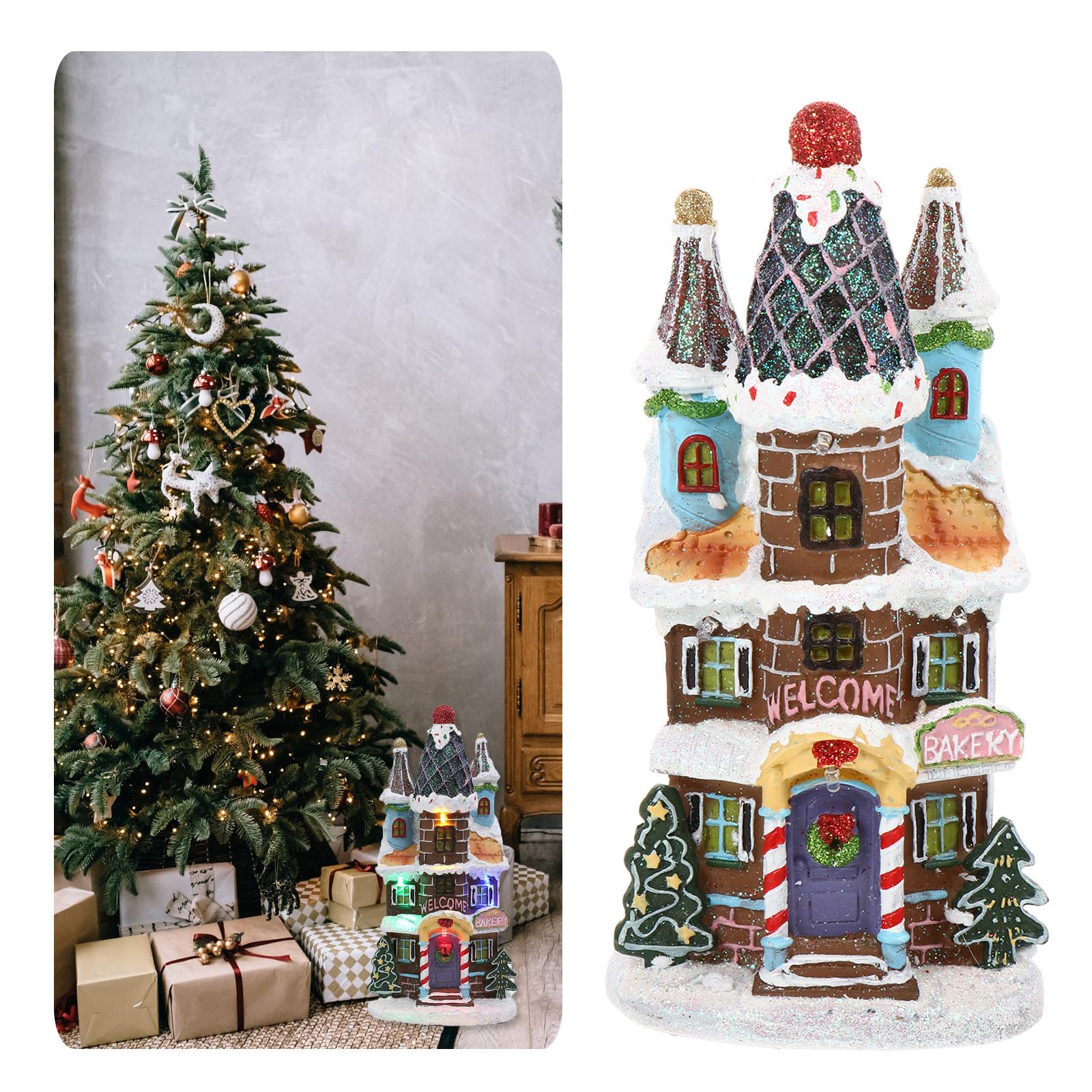 DOITOOL Adorno Navideño de Resina Luminosa Luz LED para Fiestas y Bodas, Casa de Navidad Ligera y Decorativa para Invierno