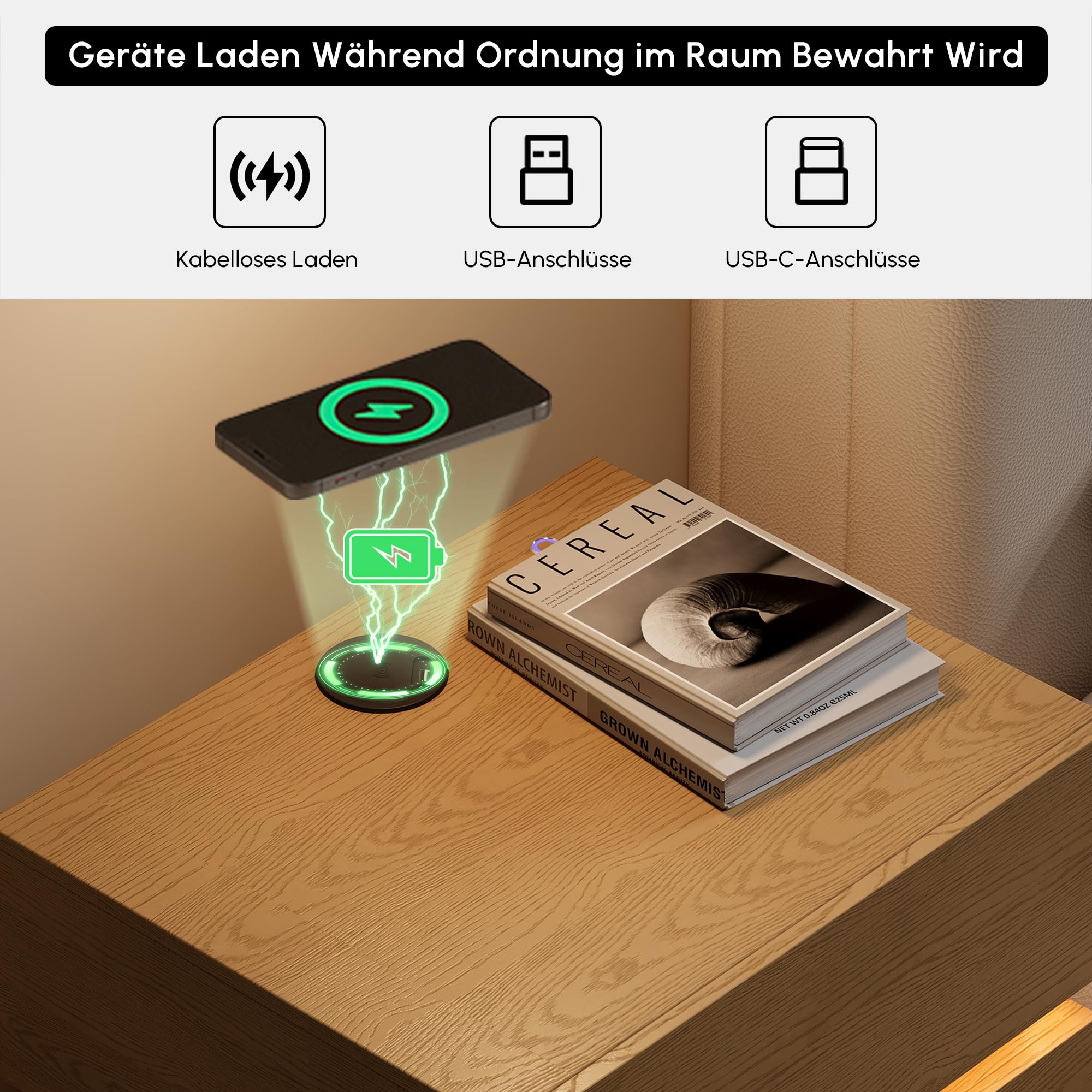 Homary LED Smart Nachttisch mit kabelloser Ladestation, Nachttisch mit Schubladen & USB-Anschlüssen, Modernes Nachtkästchen mit LED-Beleuchtung für Schlafzimmer