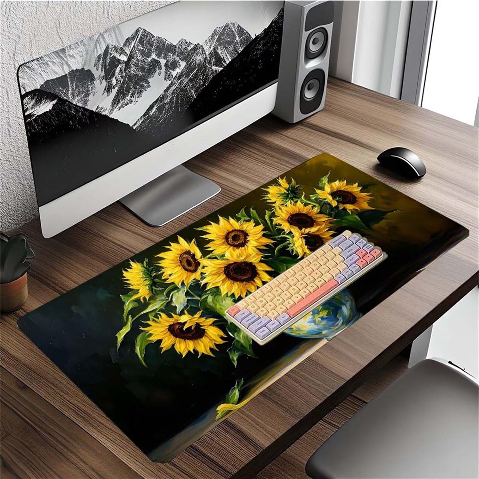 Alfombrilla Ratón Flor Girasol Alfombrilla Ratón XXL 1400x600x3mm Mouse Pad Resiste Salpicaduras, Extendida de Gran Tamaño con Bordes Cosidos, Mejora la Precisión y la Velocidad, Antideslizante y-271