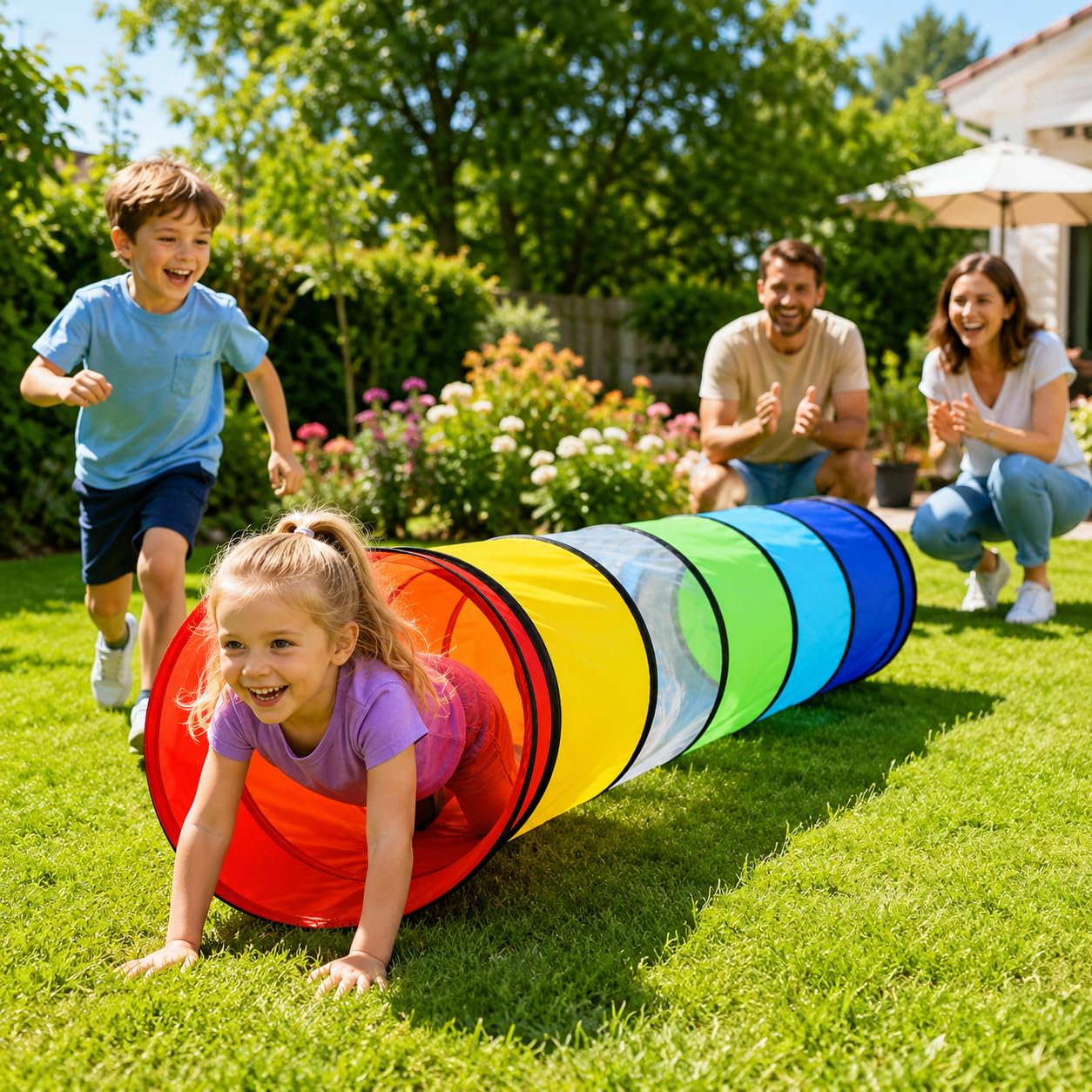 TUNSY Tunnel Strisciare per Bambini, Tessuto Traspirante e Resistente con Inserti in Rete, 180x45x45 cm, Arcobaleno, Leggero e Pieghevole, Montaggio Senza Attrezzi