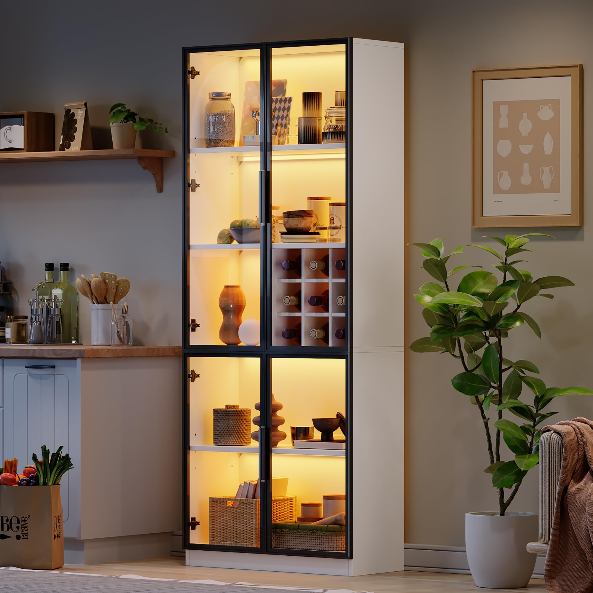 Vitrina de cristal con puertas de cristal con LED, armario alto, vitrina de pie, elegante aparador con puertas dobles, estantería de cristal y soporte para vino, 80 x 35 x 200 cm