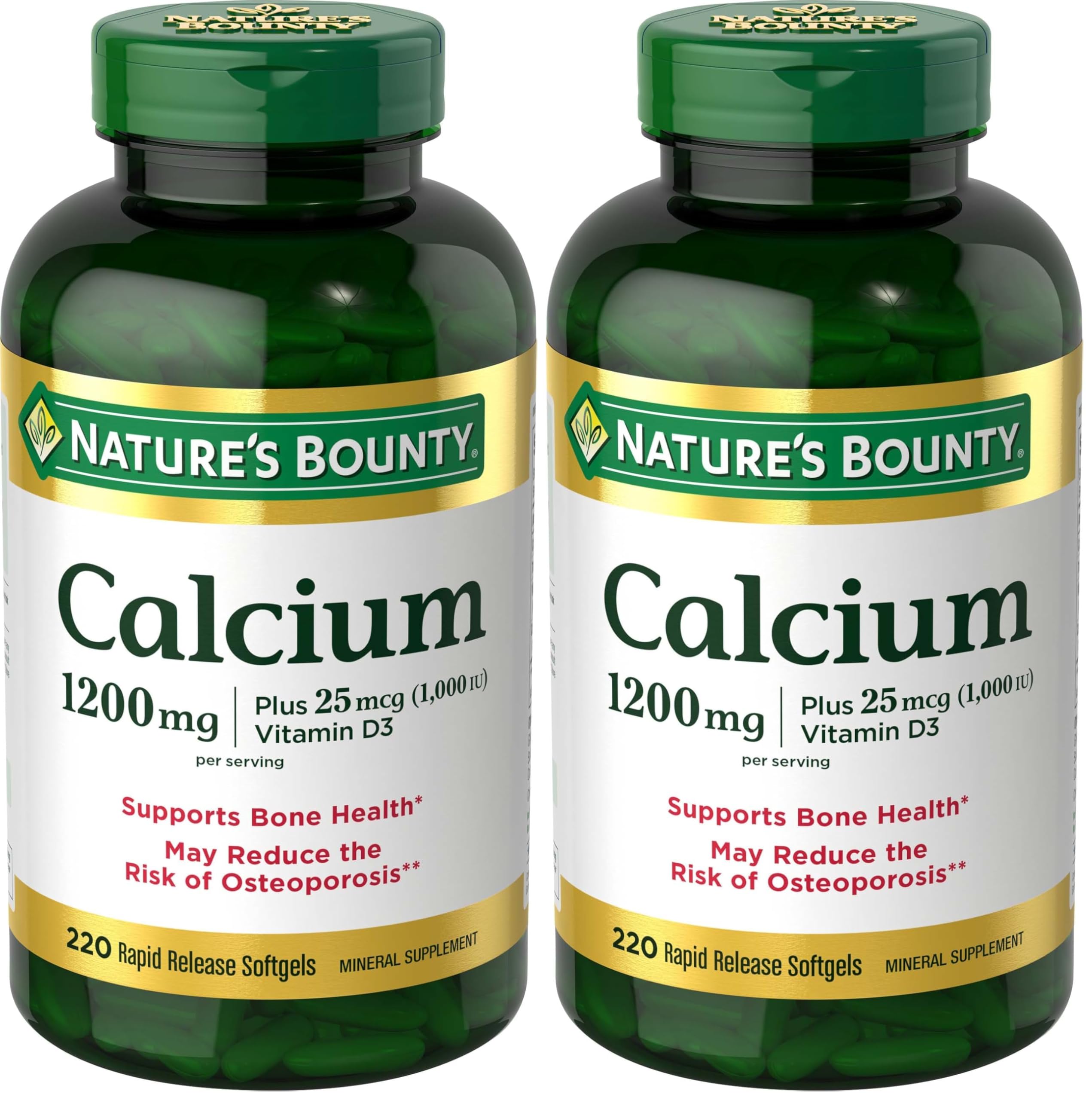 Nature's Bounty Calcium 1200 mg with Vitamin D3, Bone Health & Immune Support, Vitamin D3 1000 IU, 220 Softgels (Pack of 2)