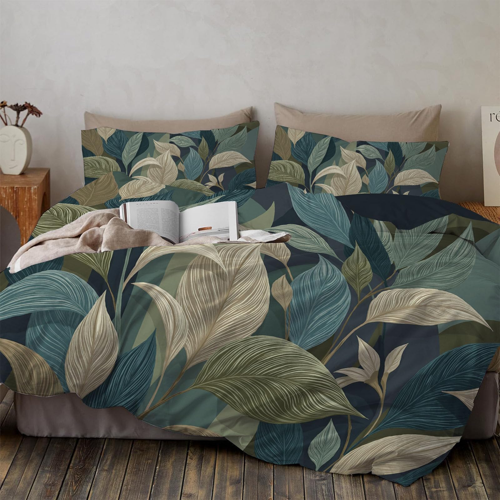 Housses de couettes microfibre douceur 220x240 parure de lit adulte motif feuille vert foncé