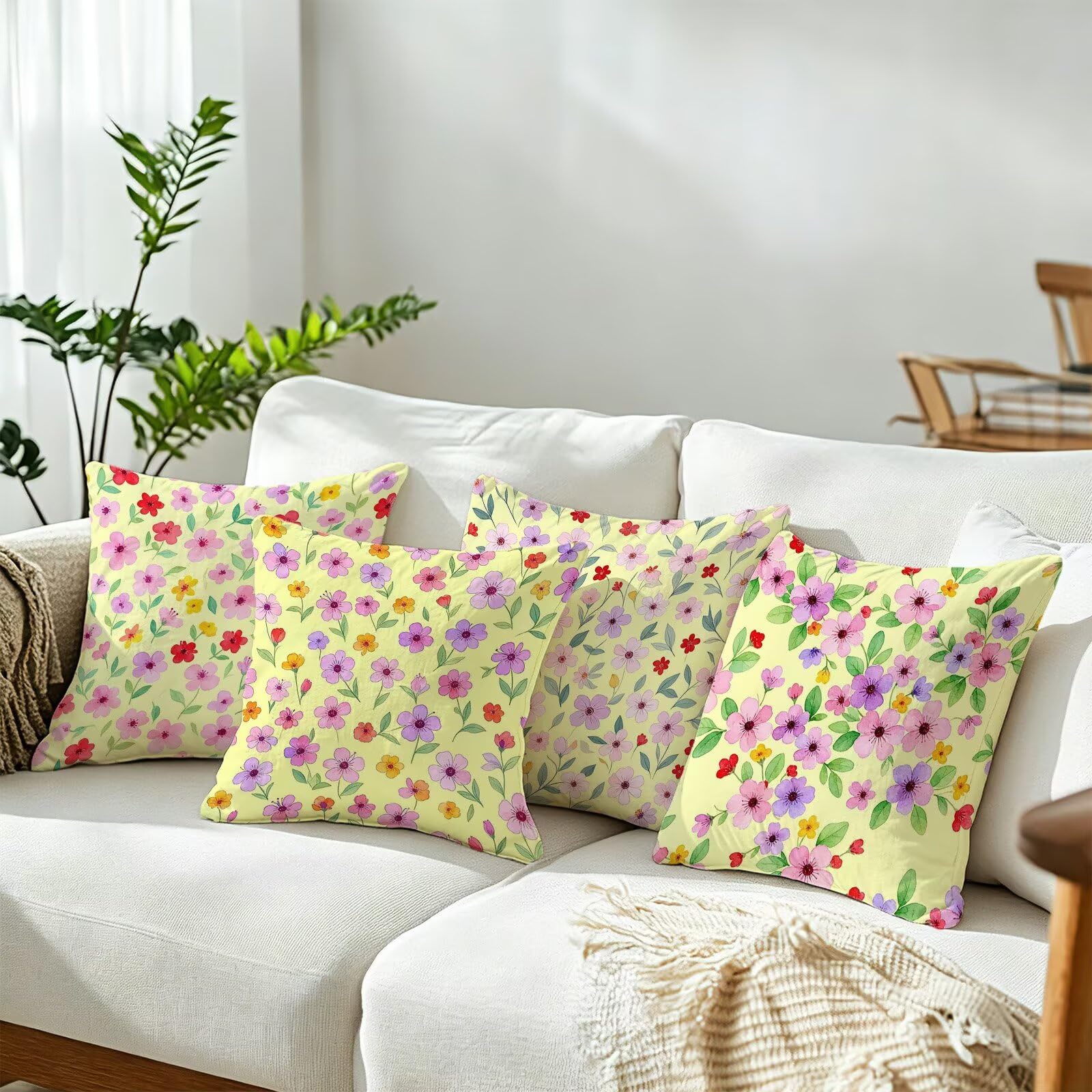 Giallo Federe Cuscini Divano 60x60cm, Cuscini da Esterno Set de 4, Cod-164 | Lin Copricuscini Decorativi Letto Arredo, per Letto, Soggiorno, Giardino, Esterno, Casa Decorazione Set di 4 Piccolo Fiore