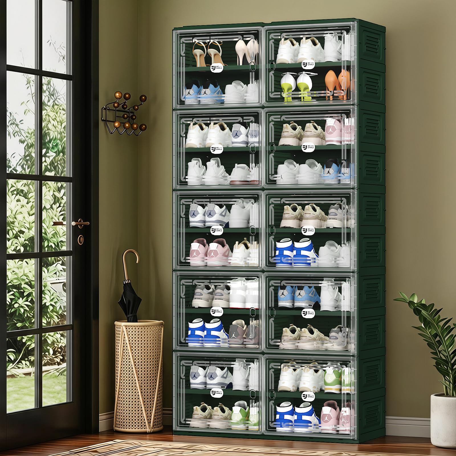 Green Foldable Shoe Storage Cabinet for 40 Pairs with Magnetic Clear Doors, Portable Enclosed Shoe Organizer, 3-Step Quick Assembly for Entryway, Closet, Garage