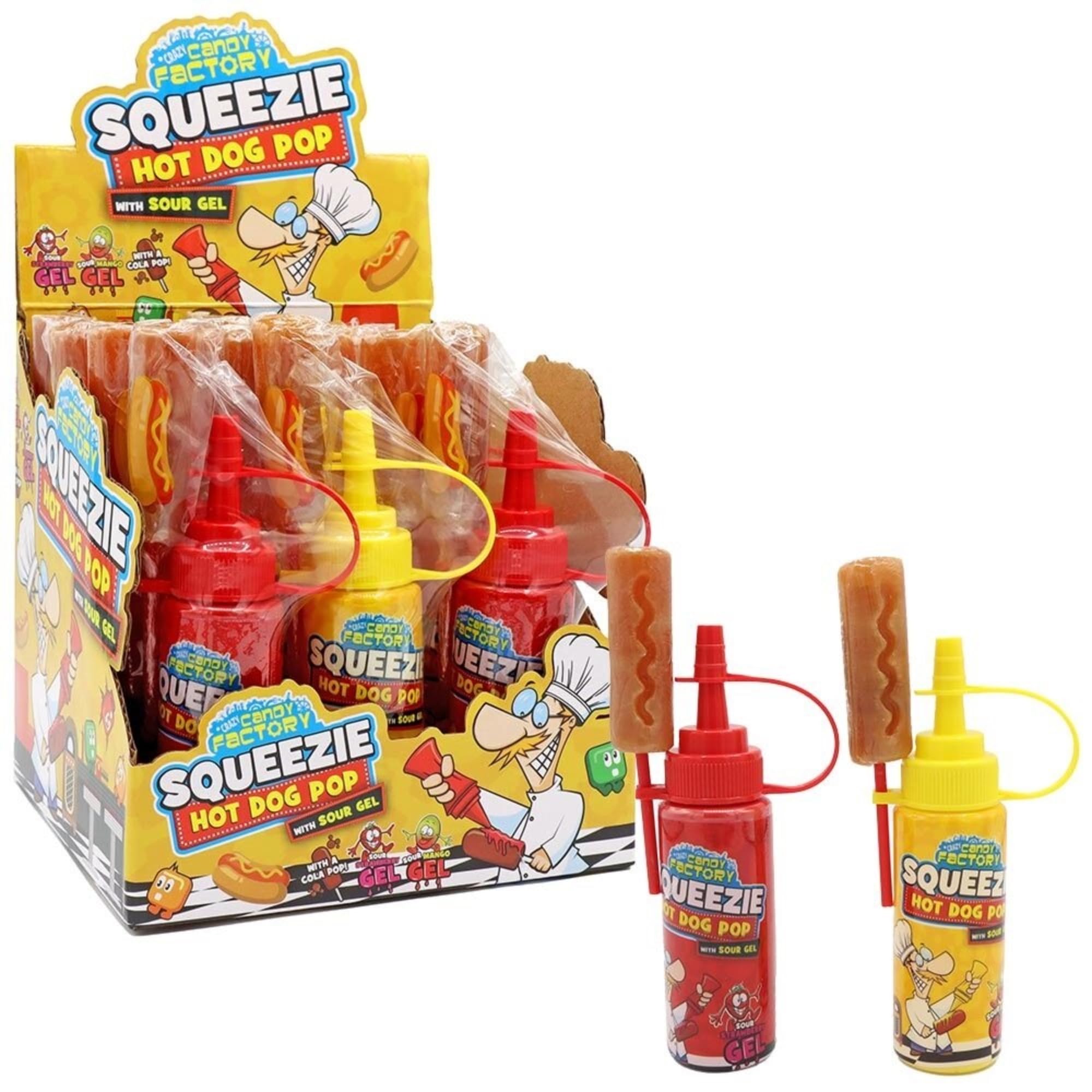 Crazy Candy Factory Squeezie Hot Dog Pop, Cola Flavour Lollipop With Strawberry & Sour Mango Candy Gel, 80 g (Pack of 12)