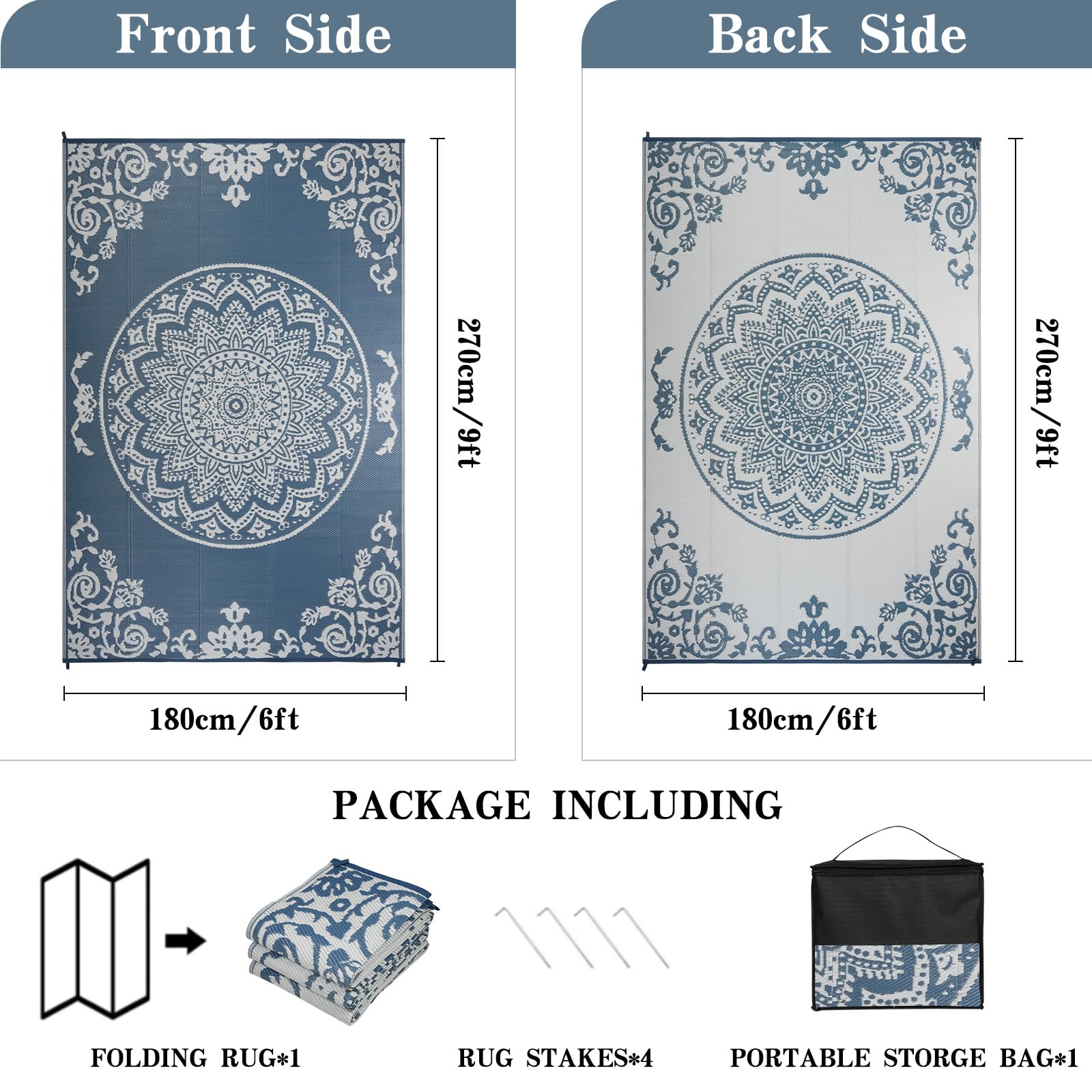 Homcomodar Tapis Exterieur Resistant Pluie Réversible 180x270cm Tapis Exterieur Terrasse Tapisextérieur pour Balcon, Terrasse, Jardin, Camping, Pique-Nique（Bleu& Blanc ）