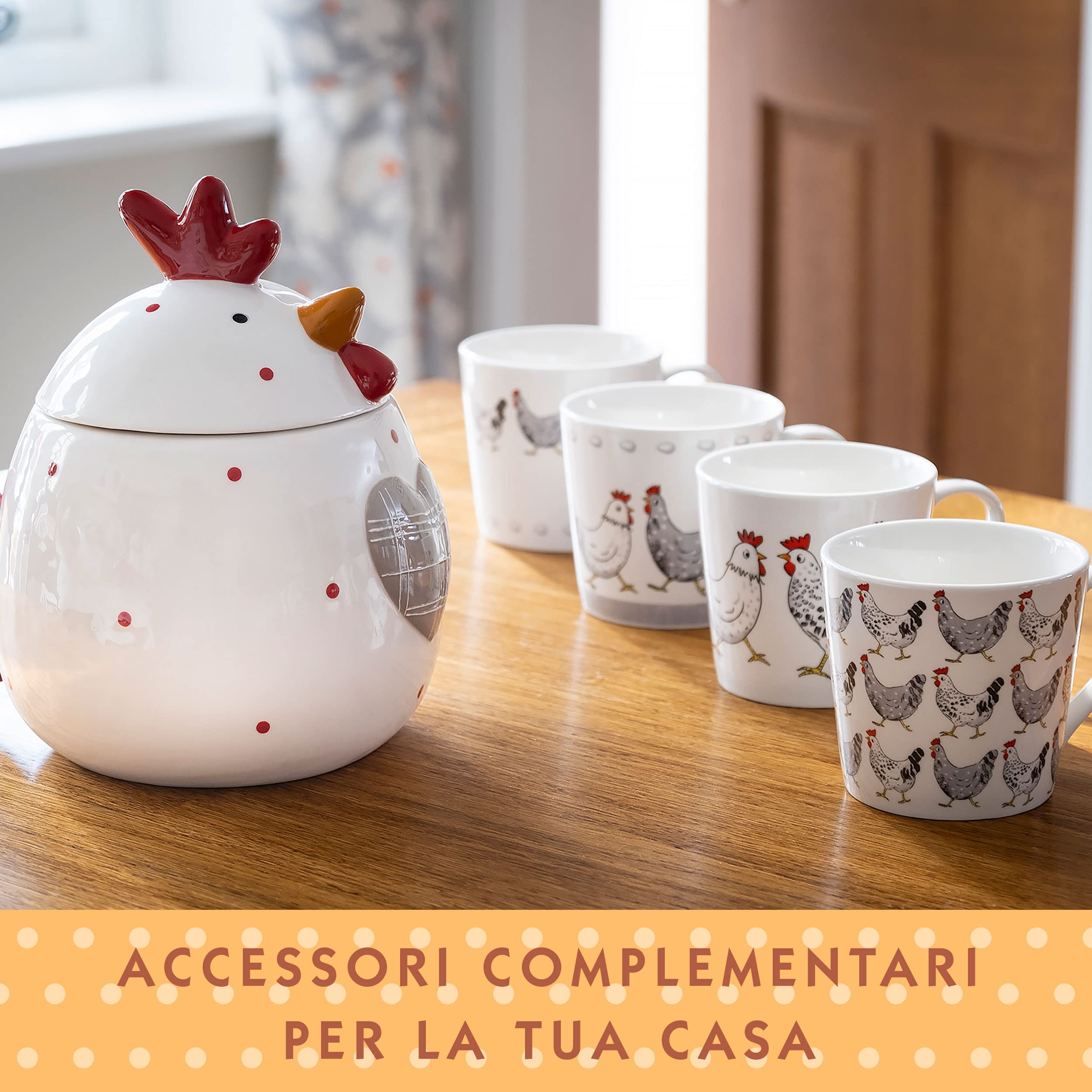 SPOTTED DOG GIFT COMPANY Set di 4 Tazze da Caffè in Ceramica 380 ml per Caffè e Tè, Tazze con Animali a Tema Gallo e Gallina, Adatte a Lavastoviglie e Microonde, Idea Regalo per chi ama gli animali