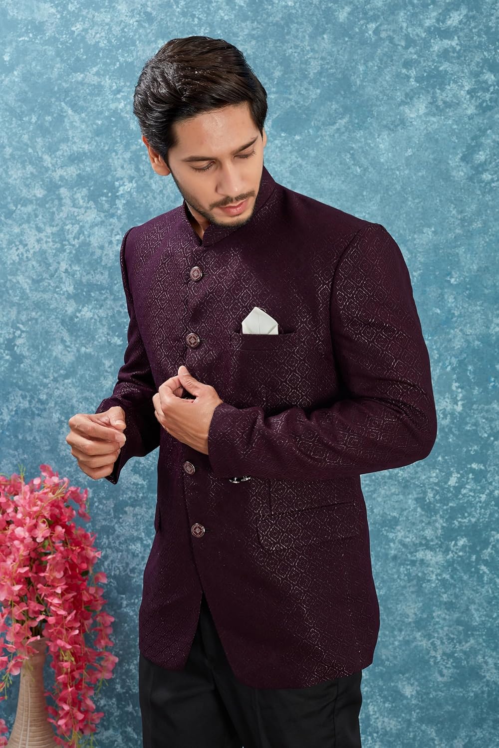 Men's Indian Ethnic Jacquard Silk Jodhpuri Casual Slim Fit Waist Coat Bandhgala Jacket