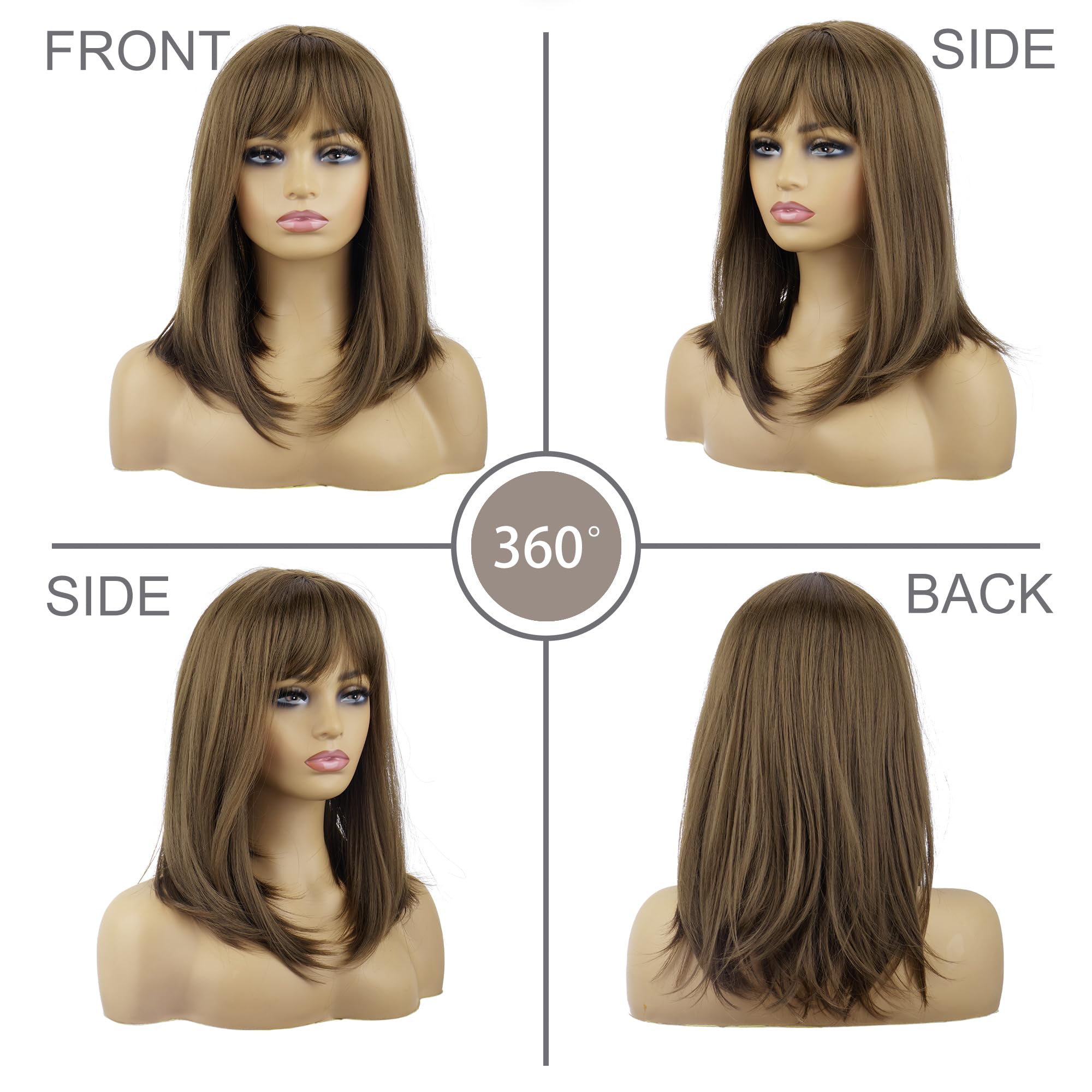 PORSMEER Medium Long Brown Hair Wigs for Women Ladies Brown Bob Wigs with Fringe Natural Straight Synthetic Hair Wig 16 Inches,Everyday or Halloween Fancy dress Wig - Image 3