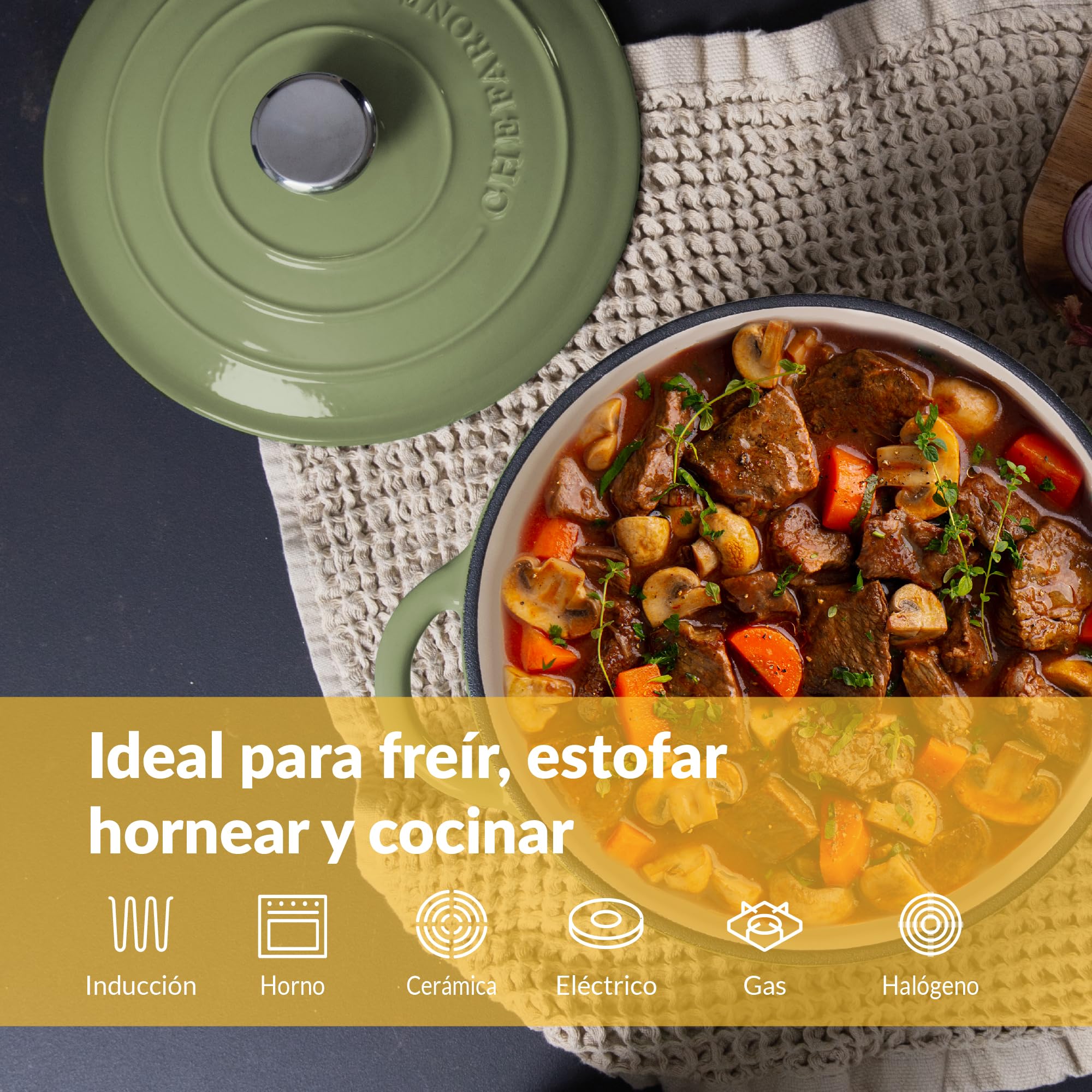 Chefarone Cacerola Hierro Fundido 24 cm 3,5L Esmaltada con Tapa Inducción Horno – Cocotte Multiusos para Hornear Pan Guisar Freír Cocinar
