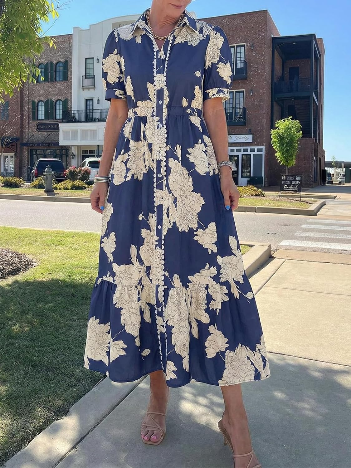 Wenrine Womens Casual Shirt Dress Floral Collared Short Sleeve Button Down Drawstring Waist Loose Summer Maxi Dresses - Image 3