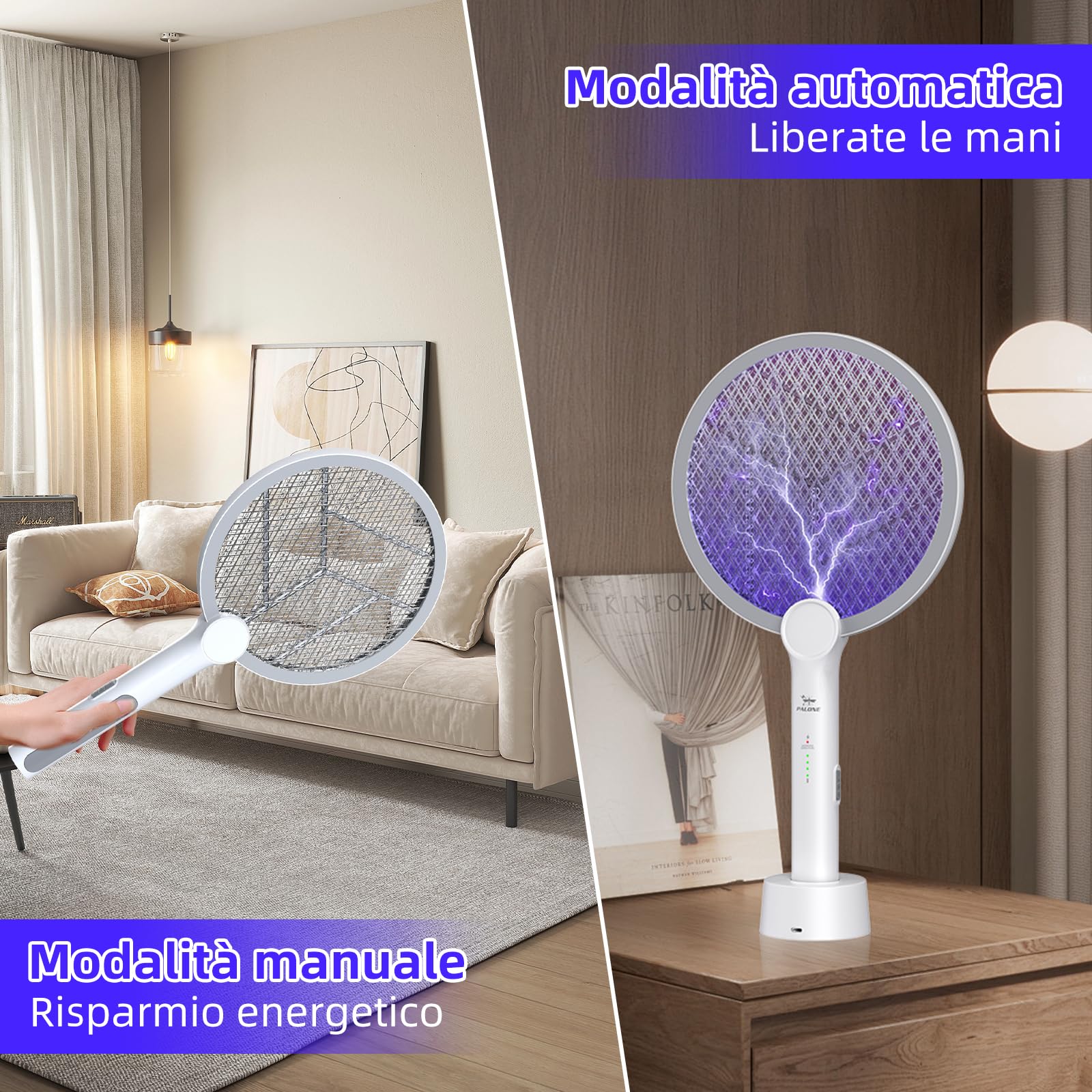 PALONE Racchetta Zanzare Elettrica, Ricaricabile 4000V Racchetta Zanzare Elettrico con USB C, Protezione Maglia a 3 Strati, Antizanzare per Casa Campeggio Interni ed Esterni