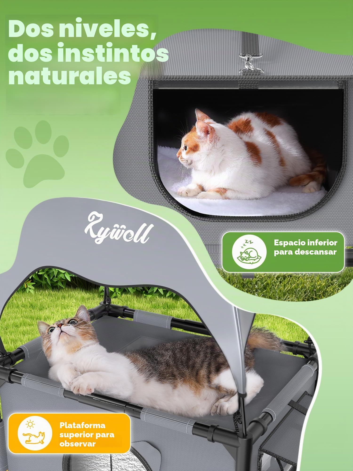 Rywell Casa para Gato de Exterior Elevada con Terraza,61x46x96cm Casa para Gato de Dos Niveles con Dosel, Dos Puertas y Una Alfombra, Adecuada para Hogares con Varios Gatos (Gris)